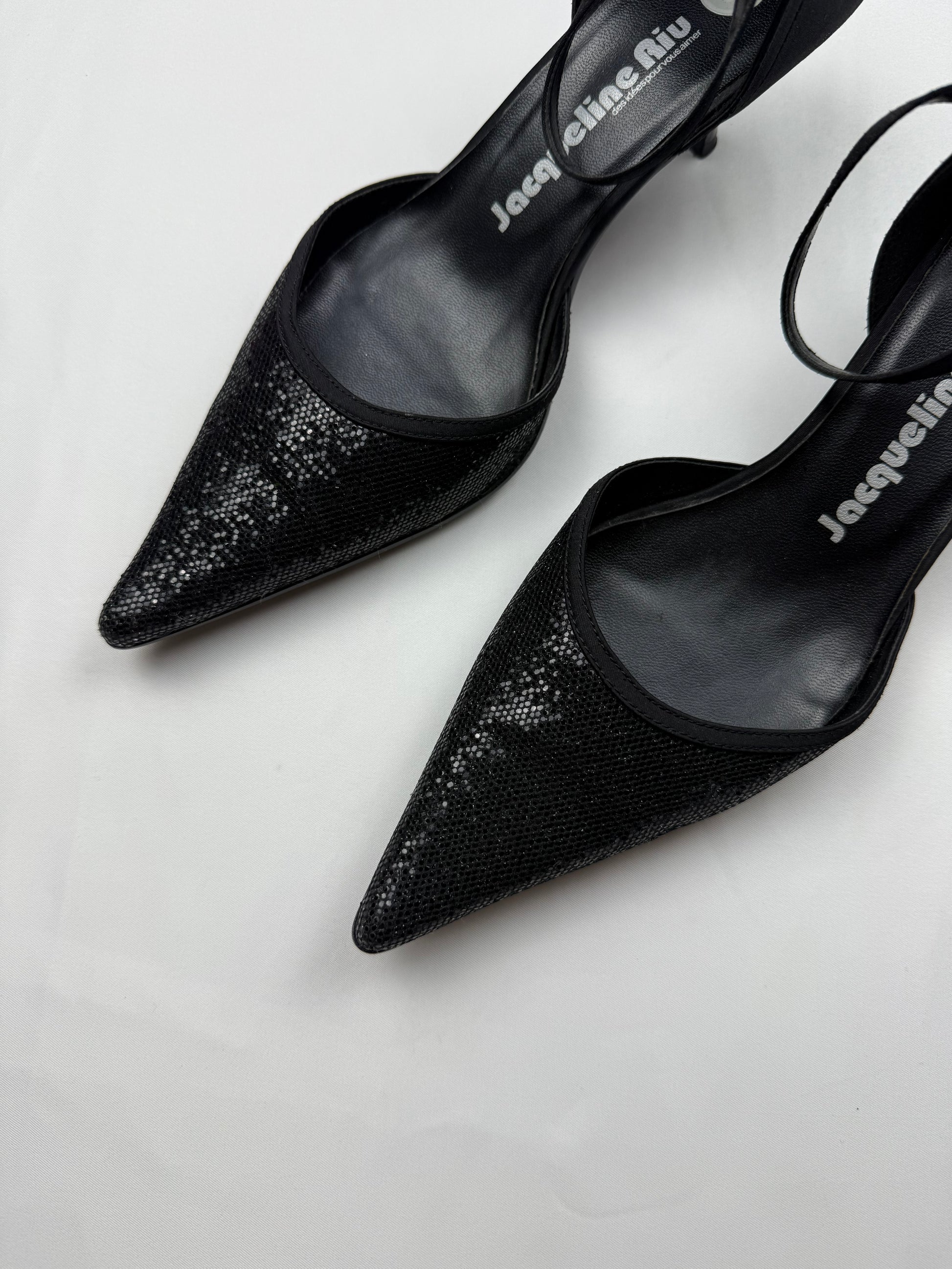 Black glitters pointed toes kitten heels shoes (37)