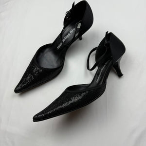 Black glitters pointed toes kitten heels shoes (37)