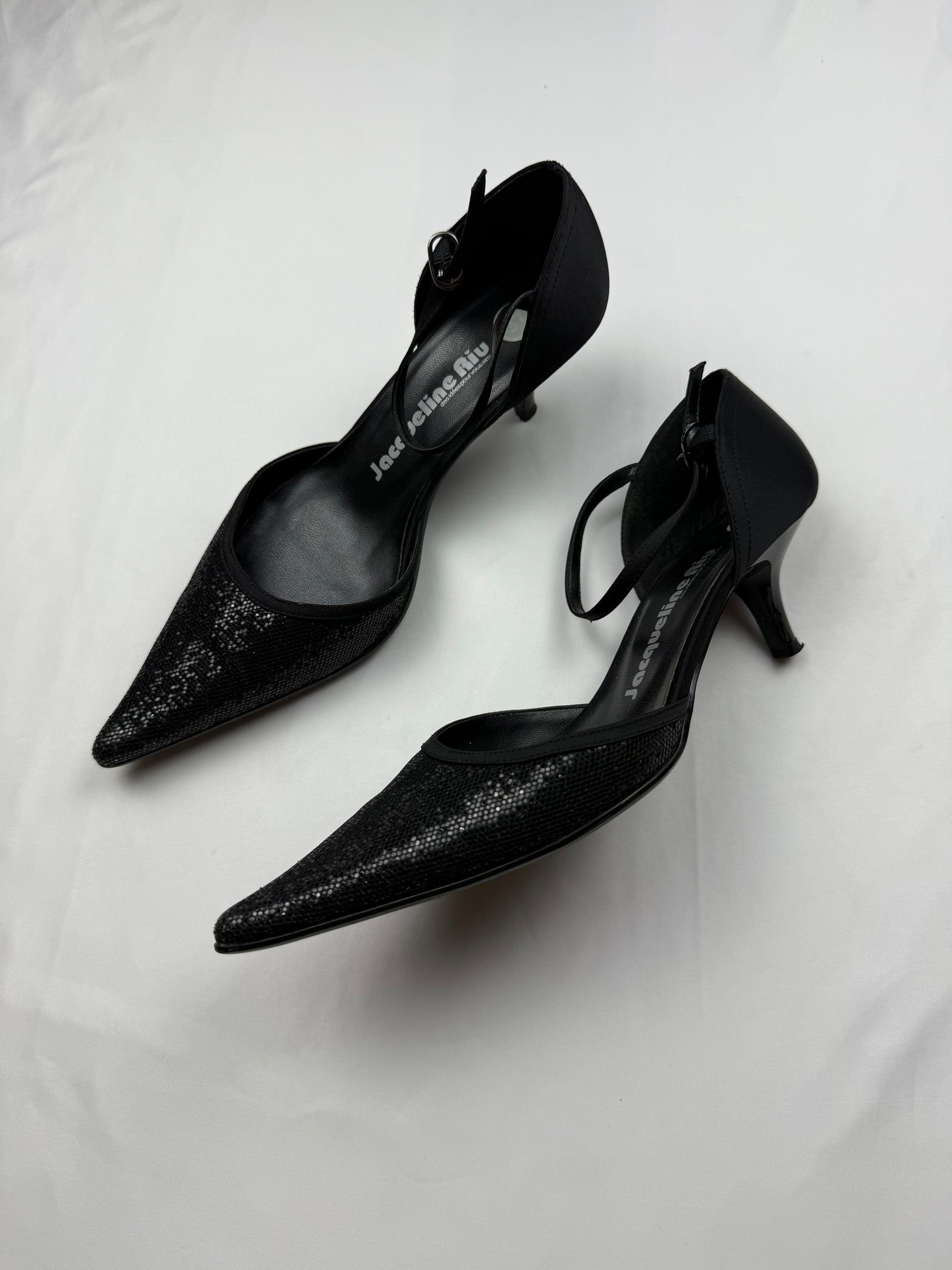 Black glitters pointed toes kitten heels shoes (37)