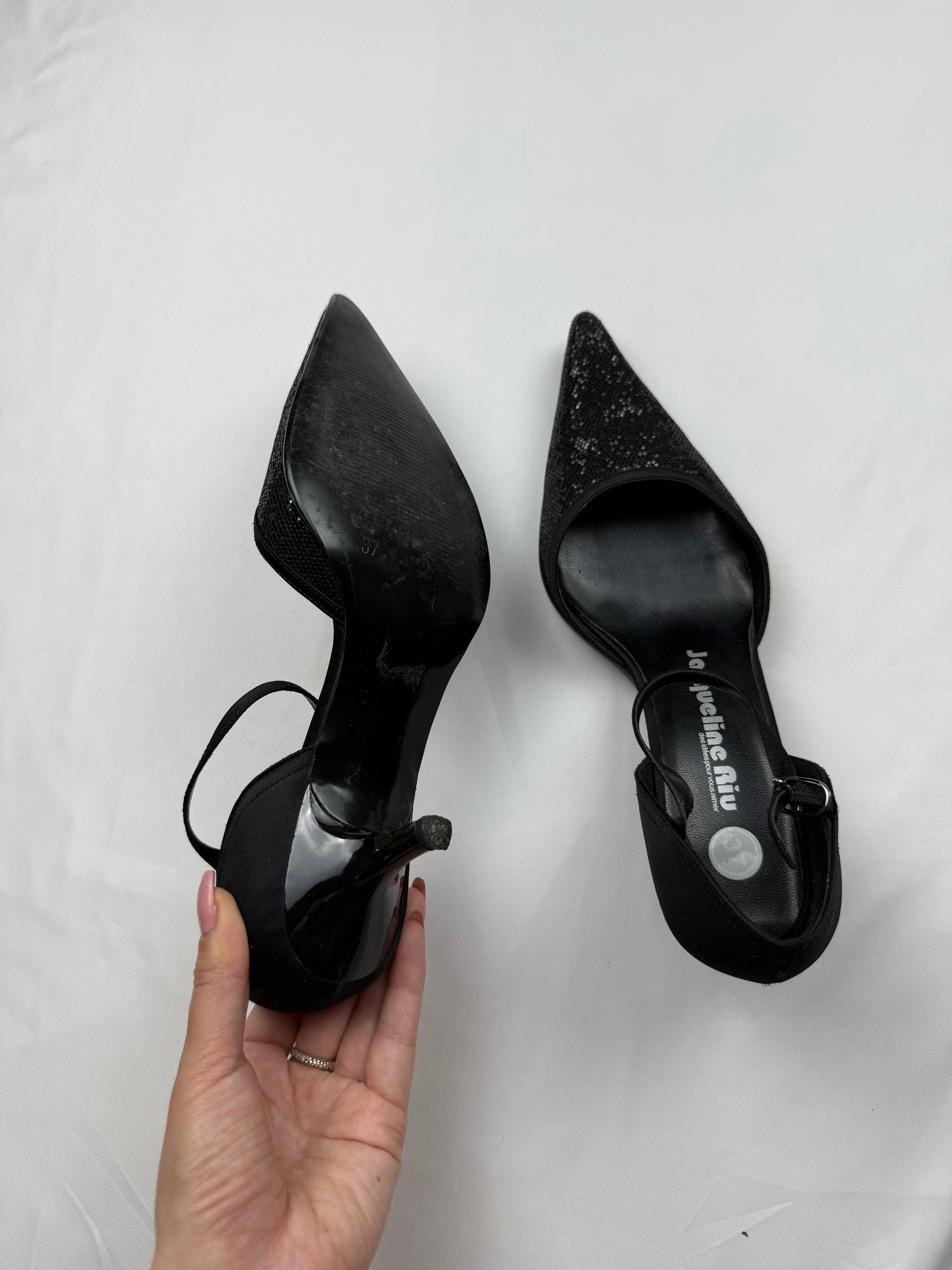 Black glitters pointed toes kitten heels shoes (37)