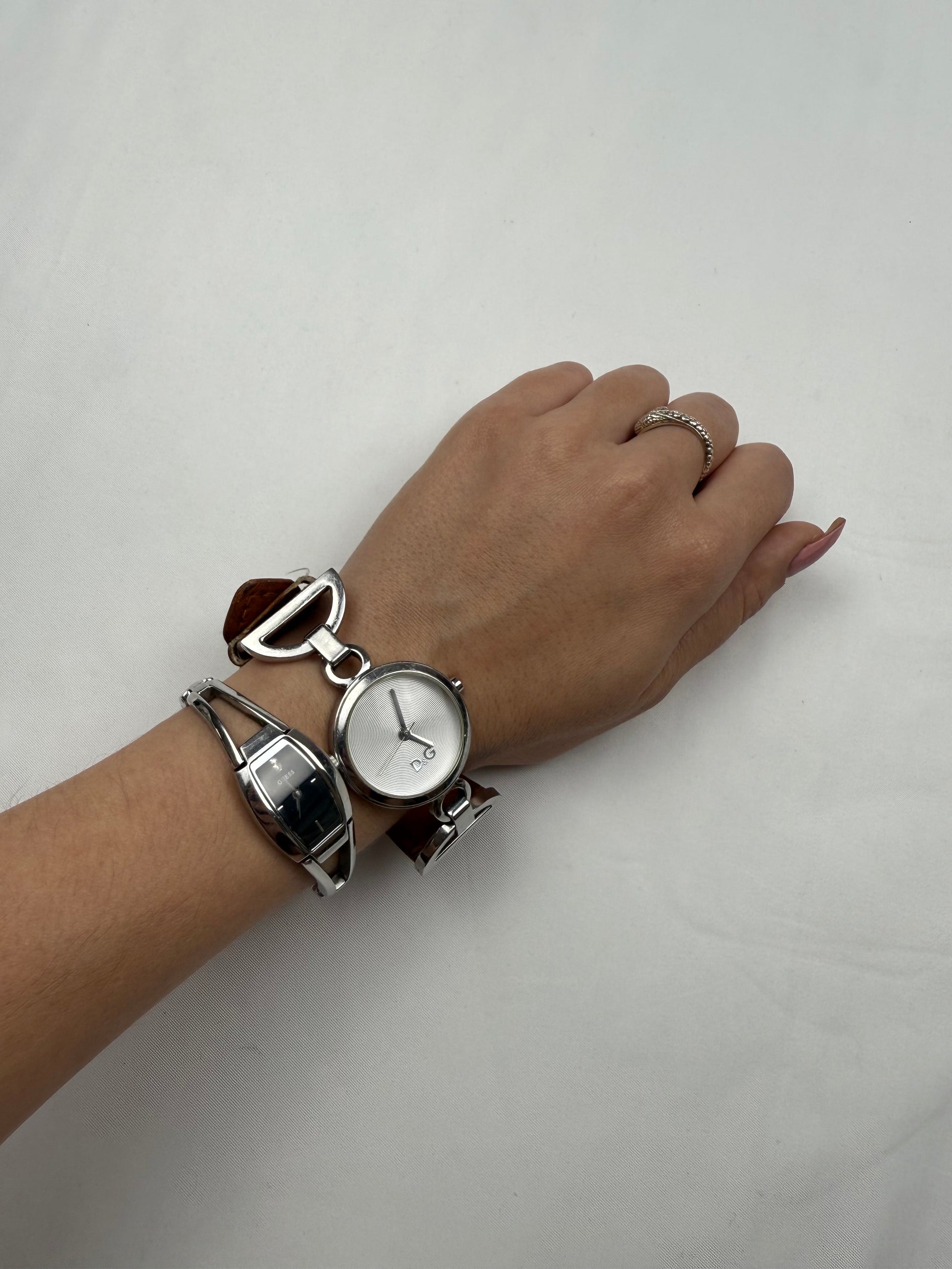 Vintage silver inox & leather bracelet jewelry watch