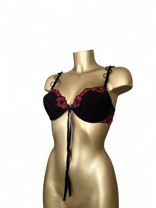 Black & brugundy mesh floral print balcony bra