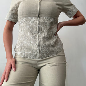 Beige zip up linen tee + capri pants set (S)