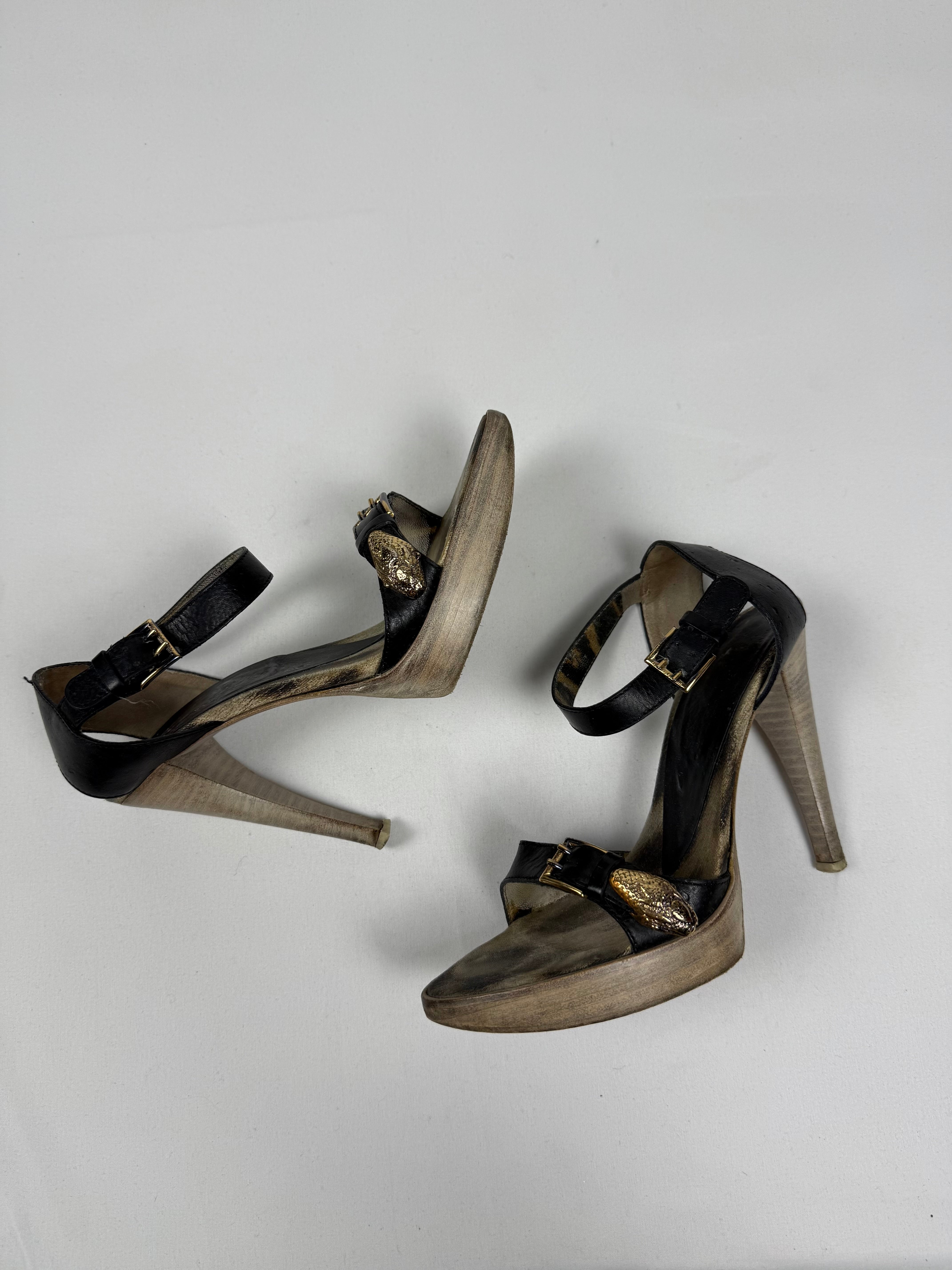 Gold snake buckle real leather heels (36)