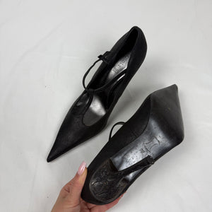 Black real leather pointed toes heels (39)