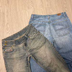 Blue denim cotton low rise flare bootcut pants (S)
