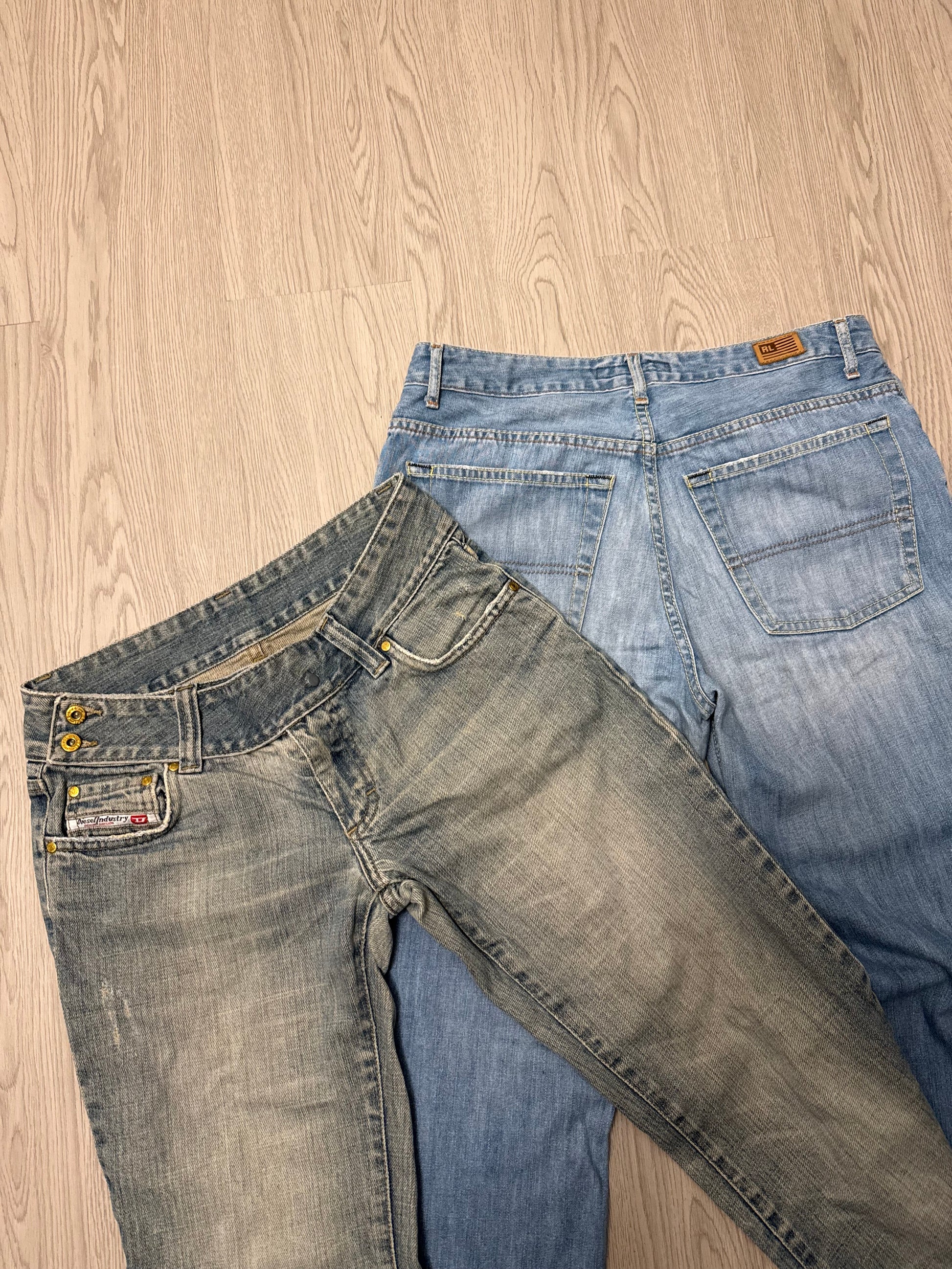 Blue denim cotton low rise flare bootcut pants (S)