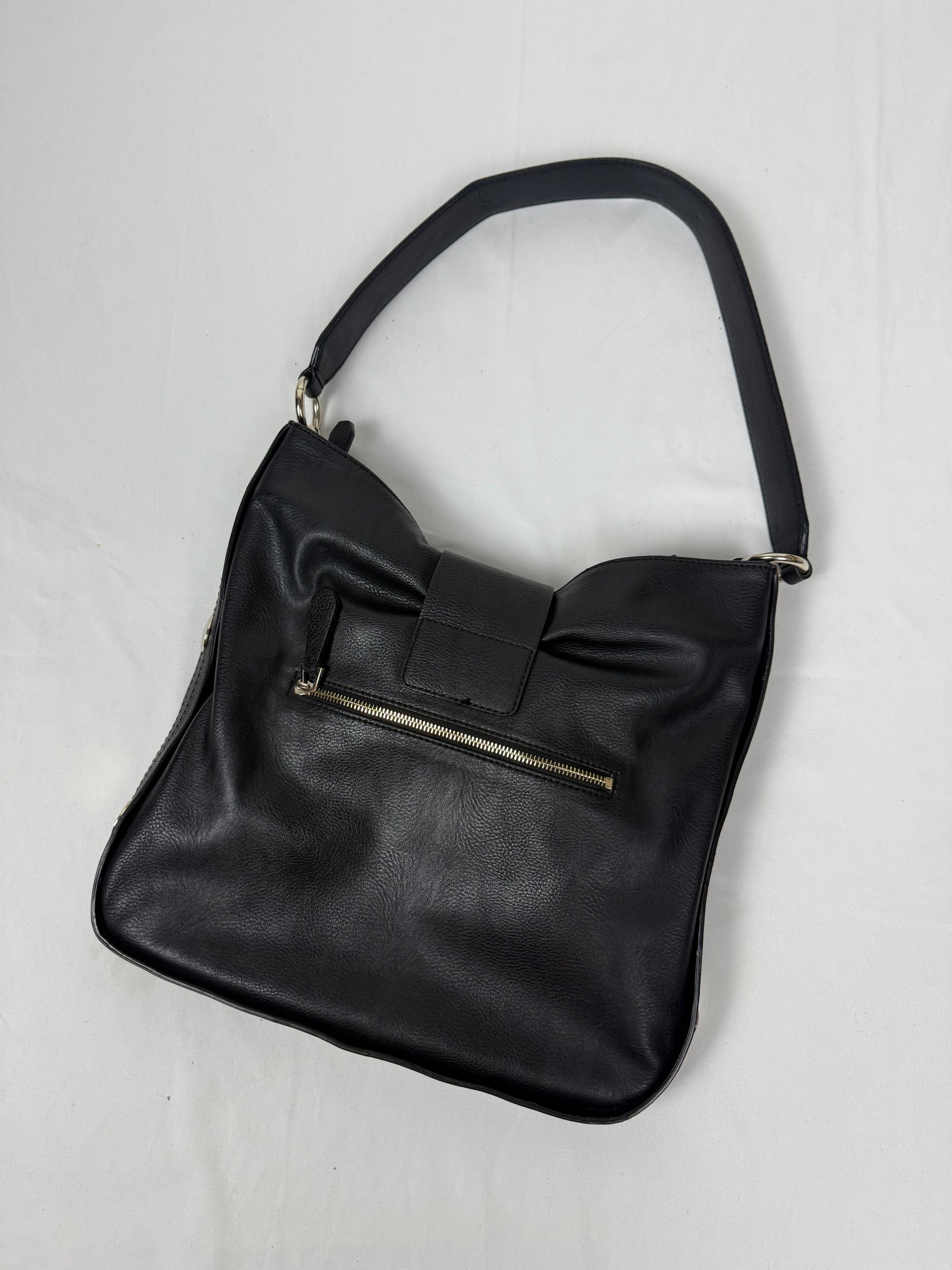Black pvc leather gold buckle besace shoulder bag (30x32cm)