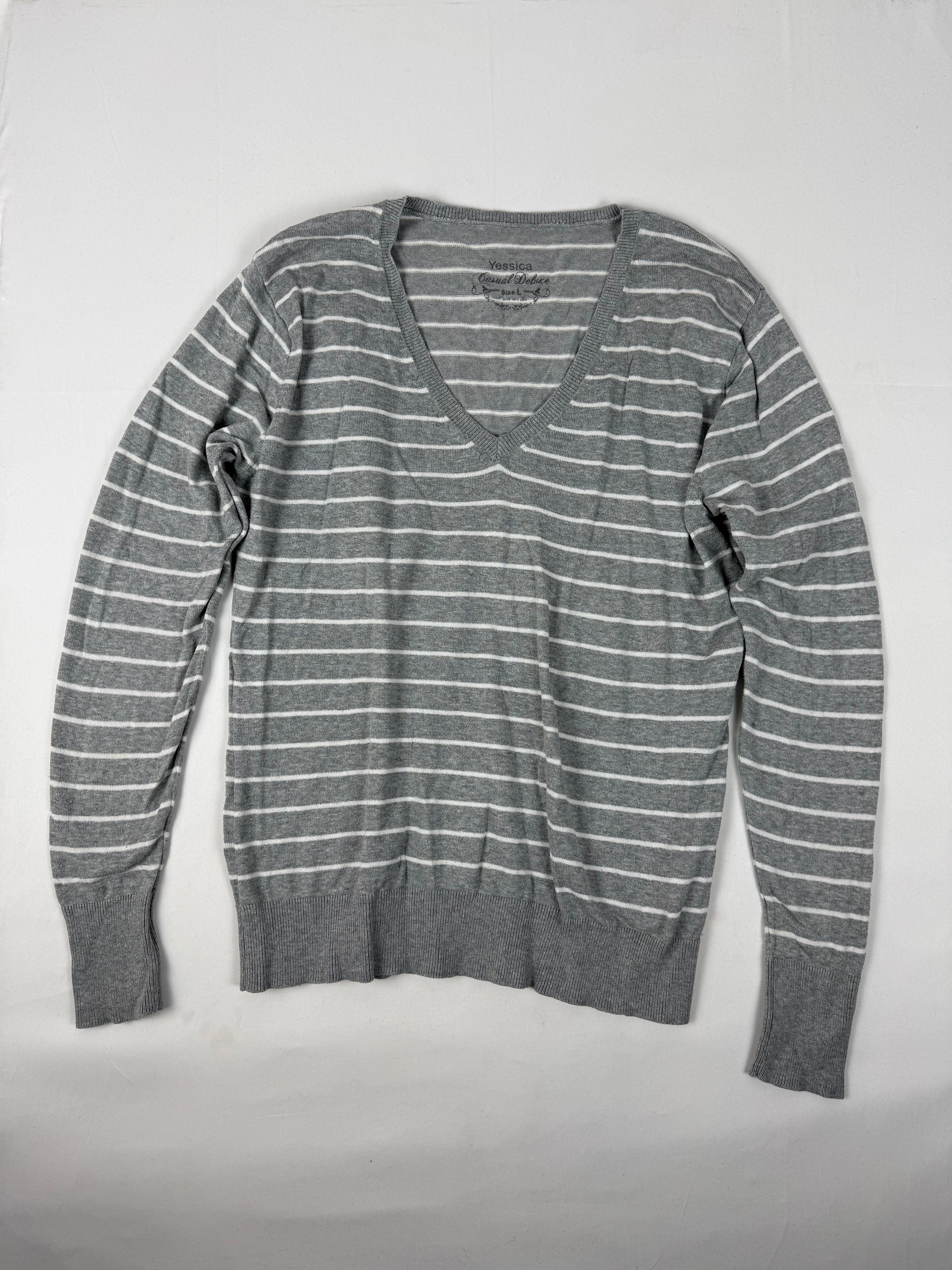 Grey striped V neck jumper (XL)