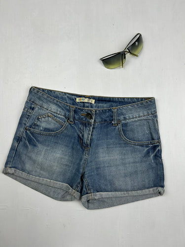 Blue denim low rise mini short (XS)