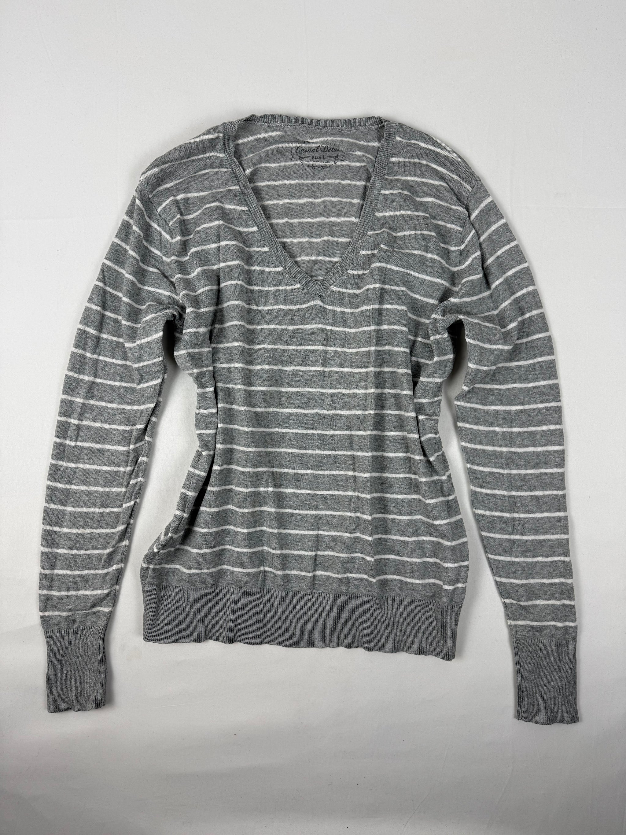 Grey striped V neck jumper (XL)