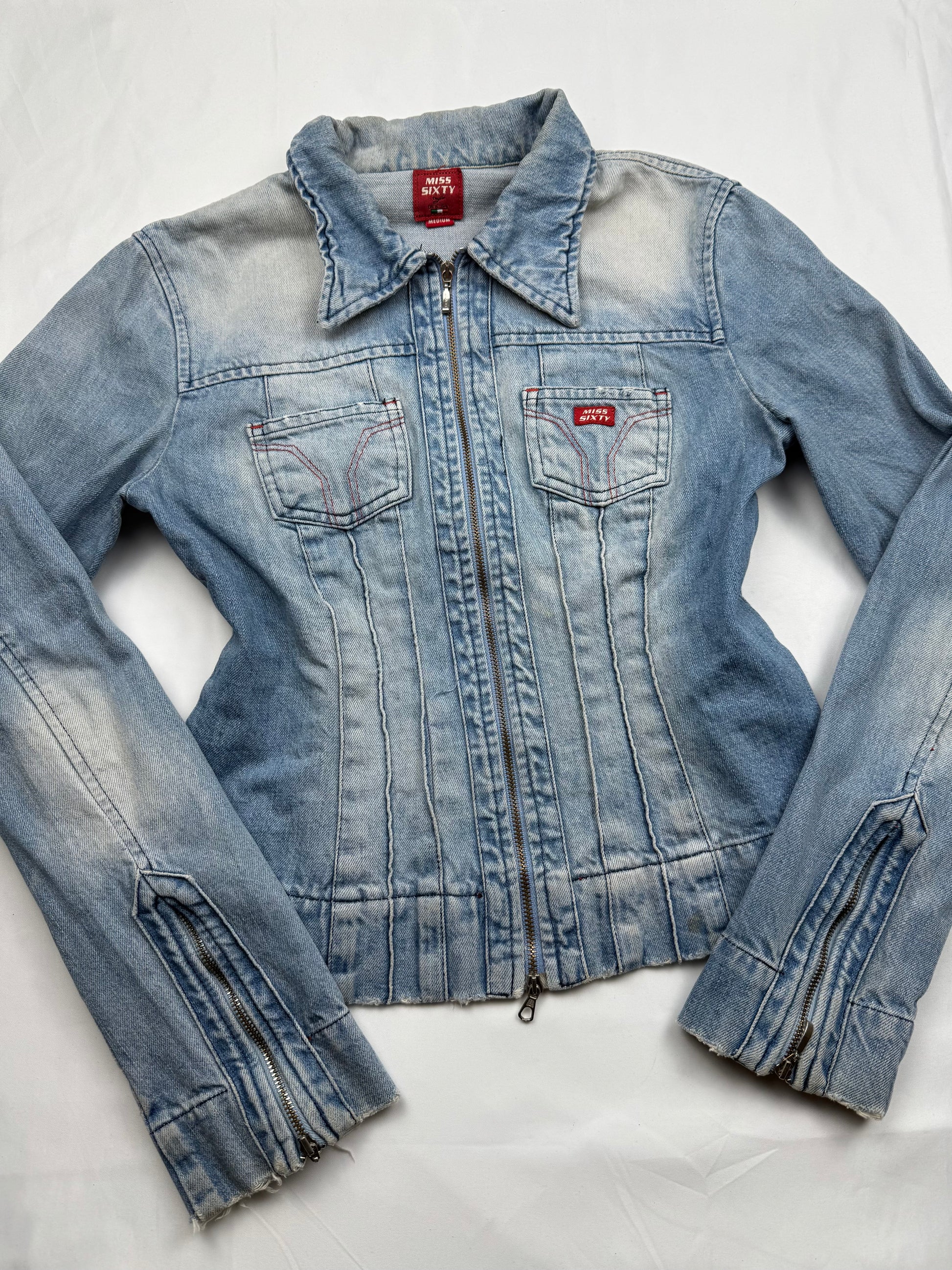 Blue denim zip up biker jacket (S/M)