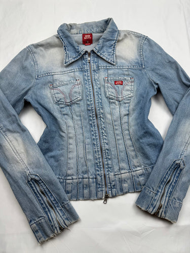 Blue denim zip up biker jacket (S/M)