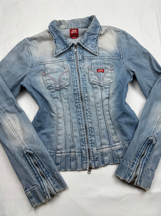 Blue denim zip up biker jacket (S/M)