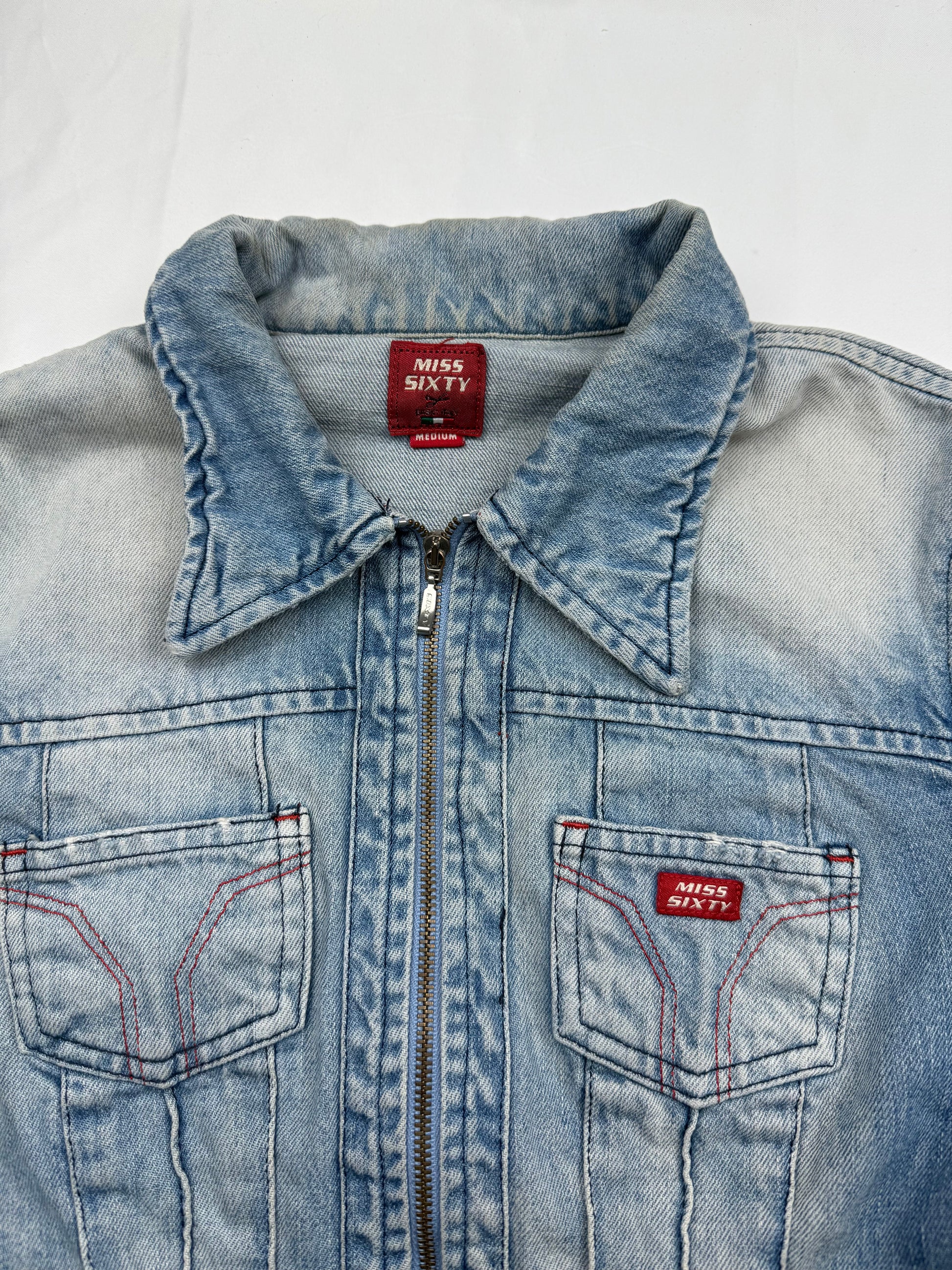 Blue denim zip up biker jacket (S/M)
