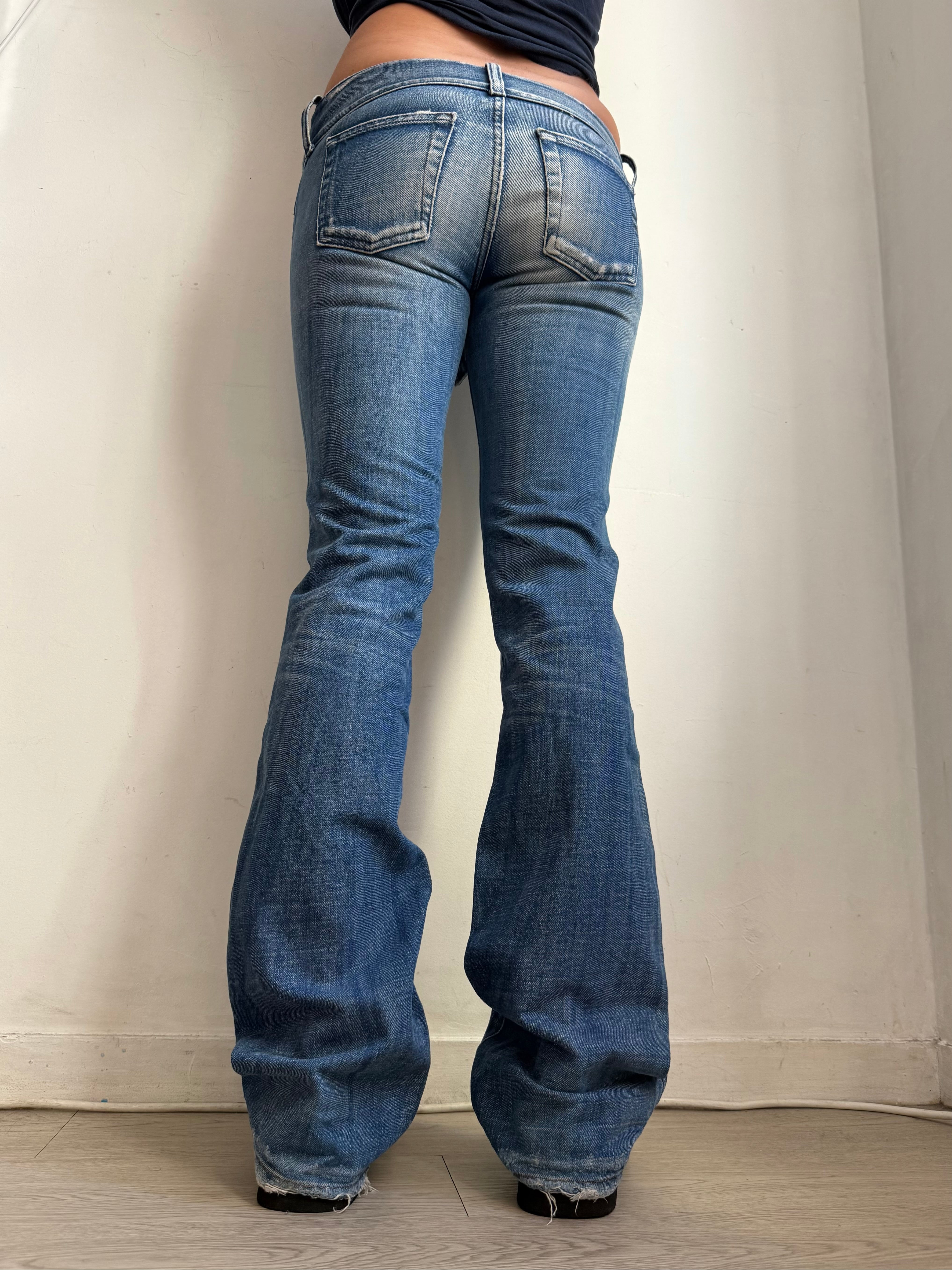Blue denim low rise flare pants (XS)