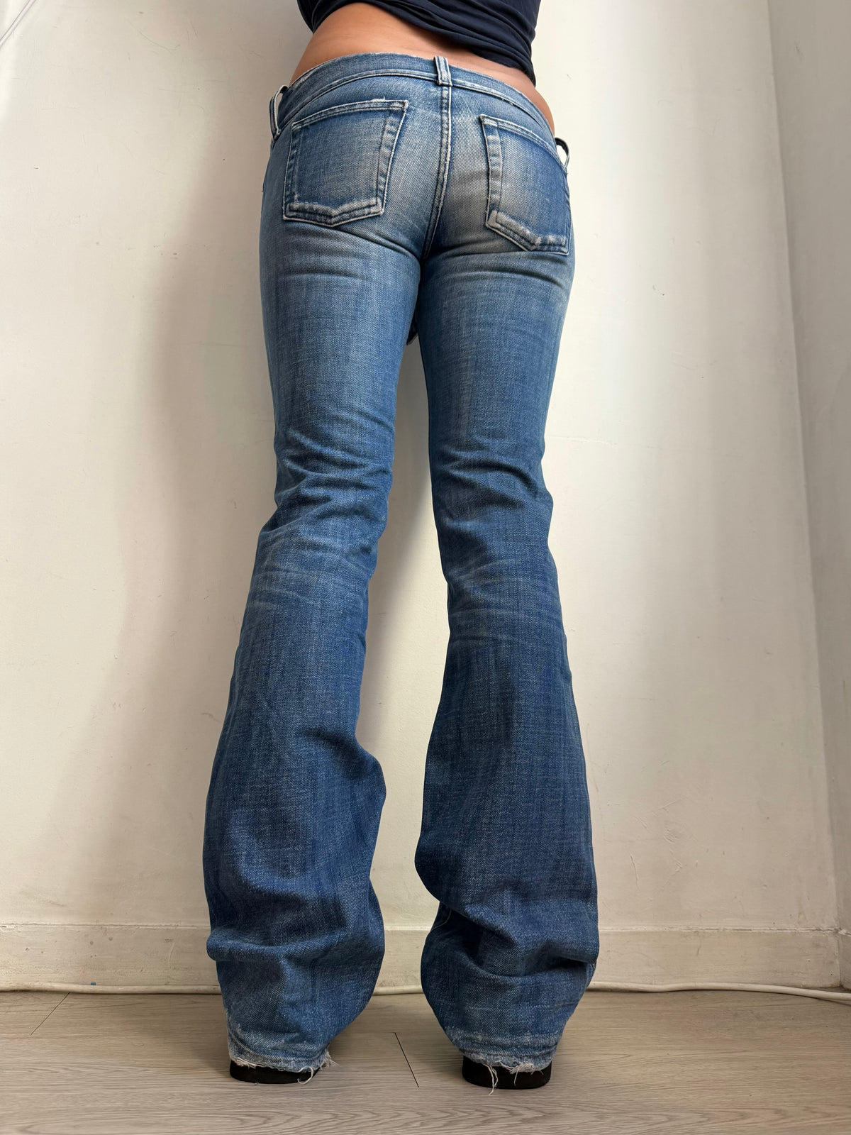 Blue denim low rise flare pants (XS)