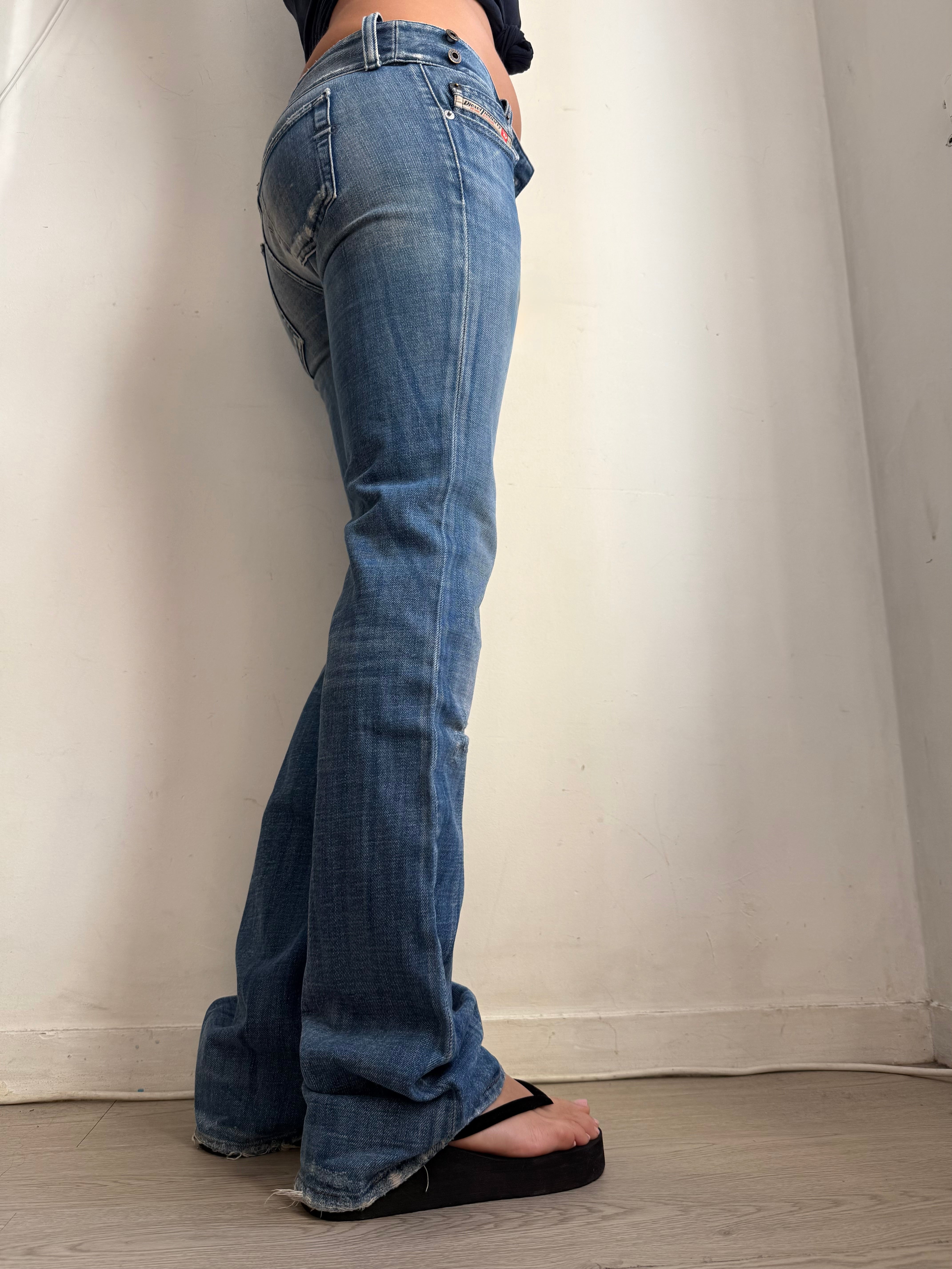Blue denim low rise flare pants (XS)