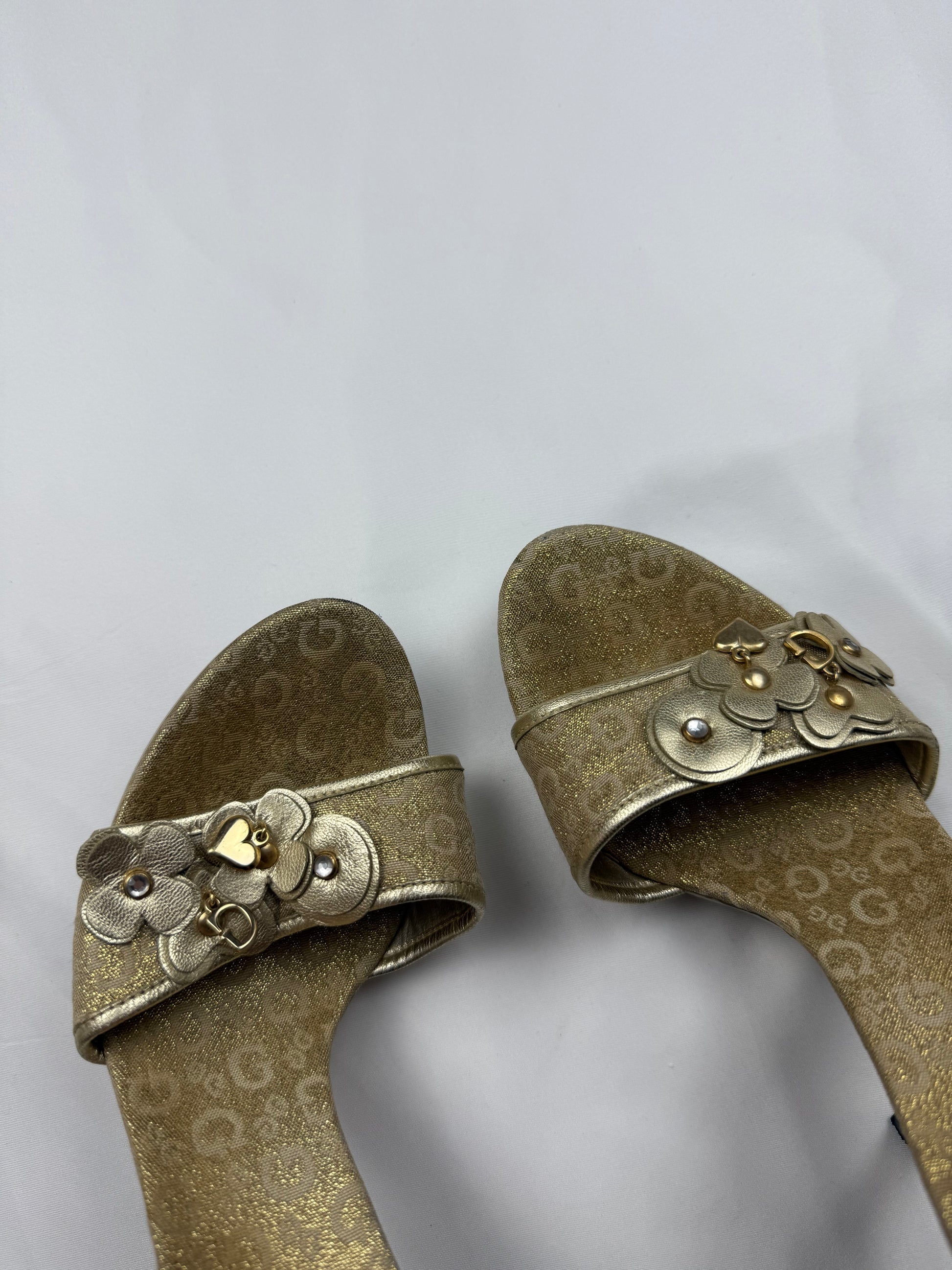 Gold charms monogram real leather heels mules (37)
