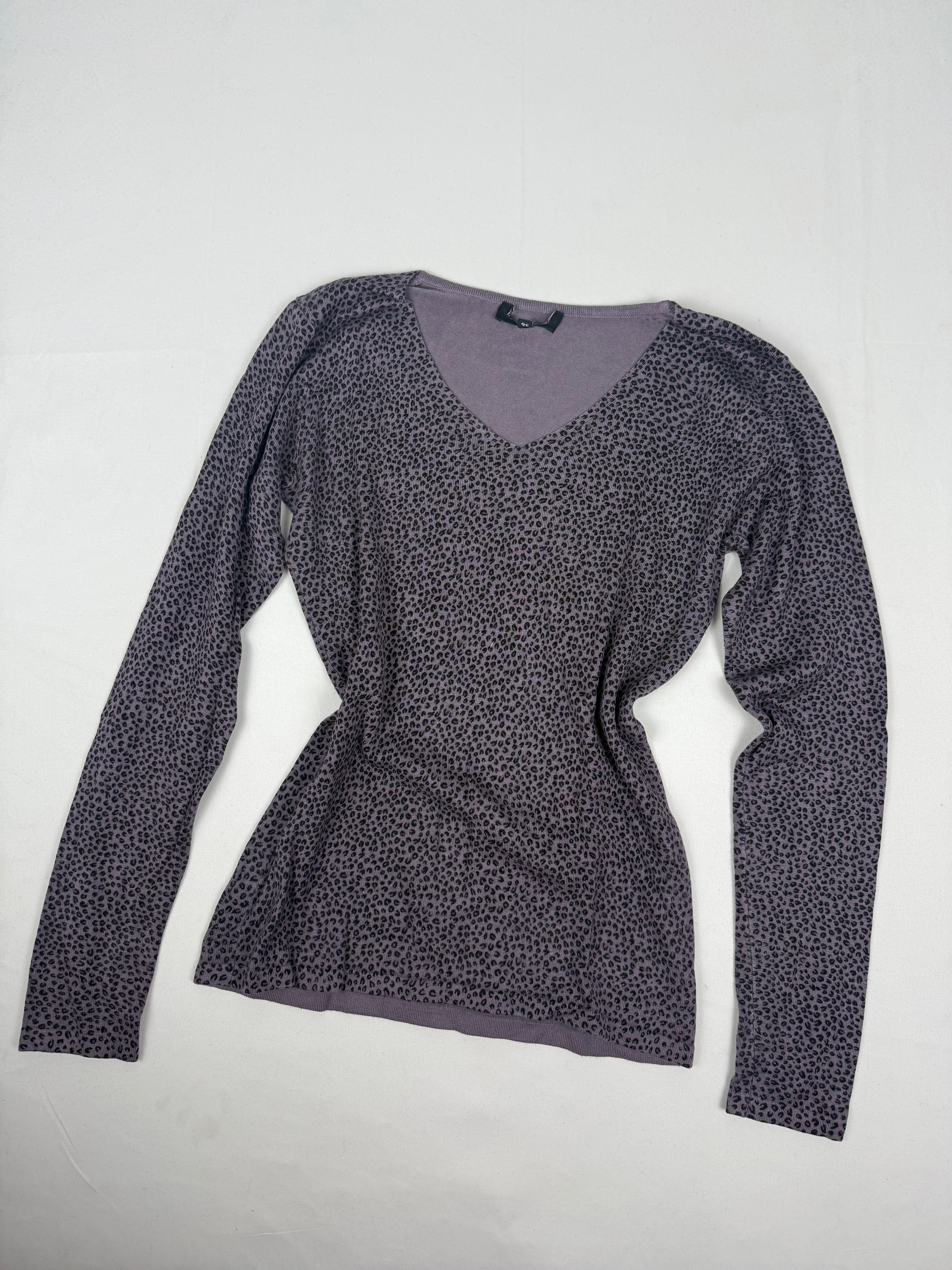 Purple panther print cotton V neck jumper (S/M)