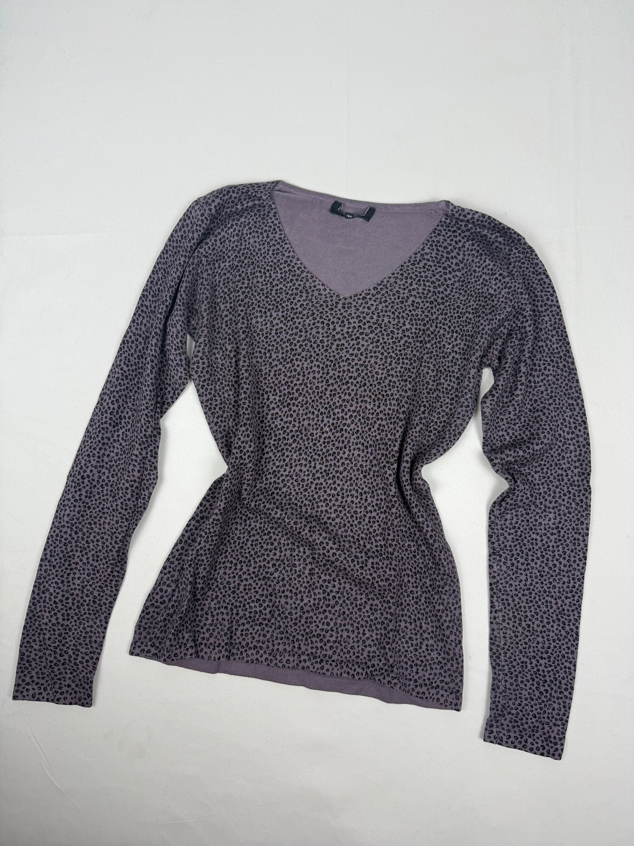 Purple panther print cotton V neck jumper (S/M)
