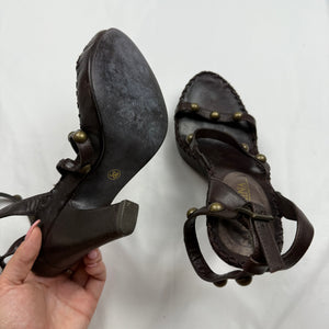 Brown real leather heels sandals (38)