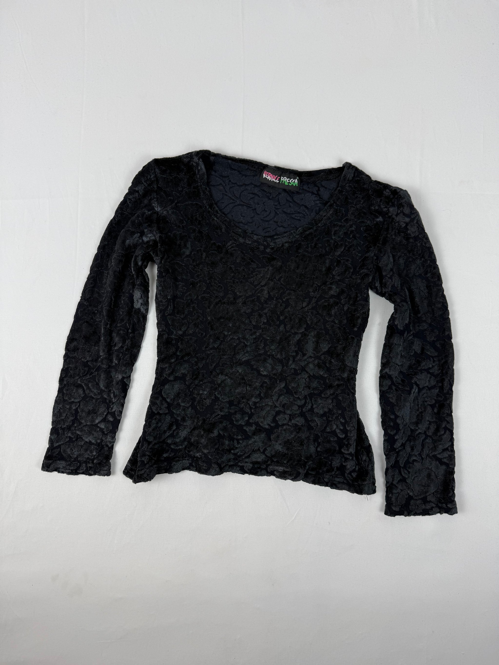 Black floral velvet long sleeves top (S)