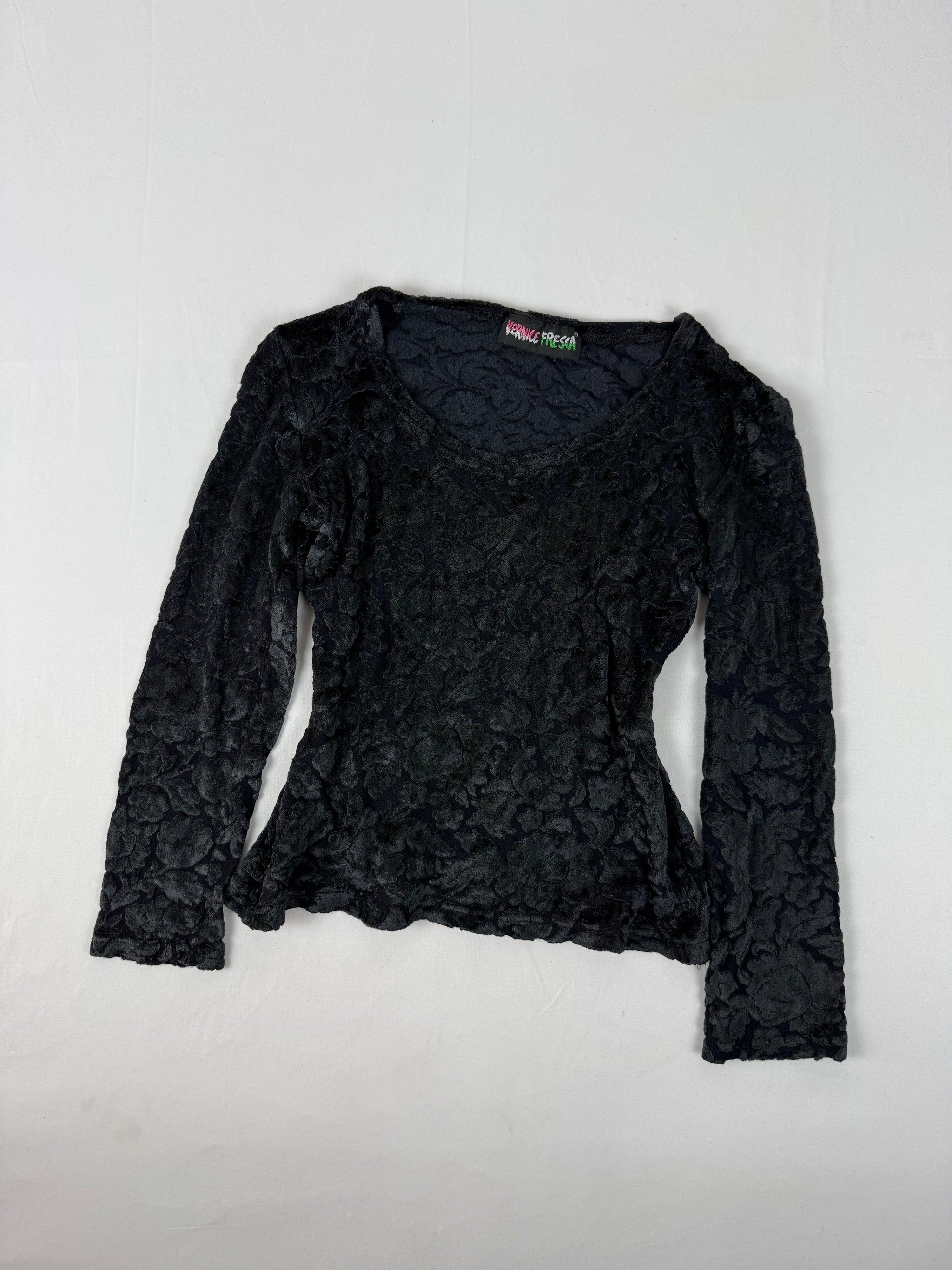 Black floral velvet long sleeves top (S)
