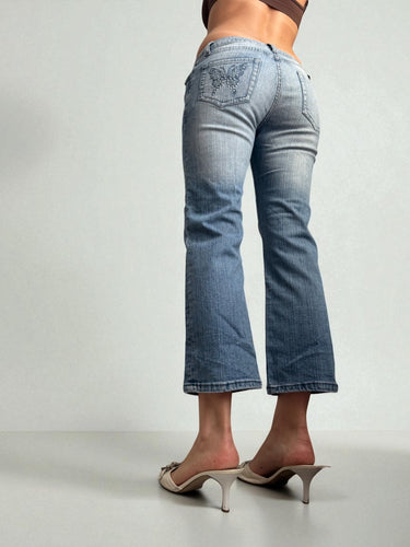 Blue denim butterfly low waist capri pants (S)