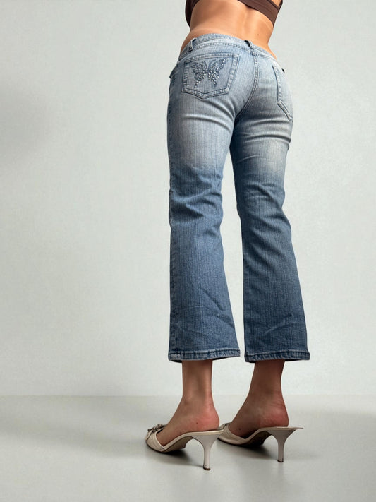 Blue denim butterfly low waist capri pants (S)