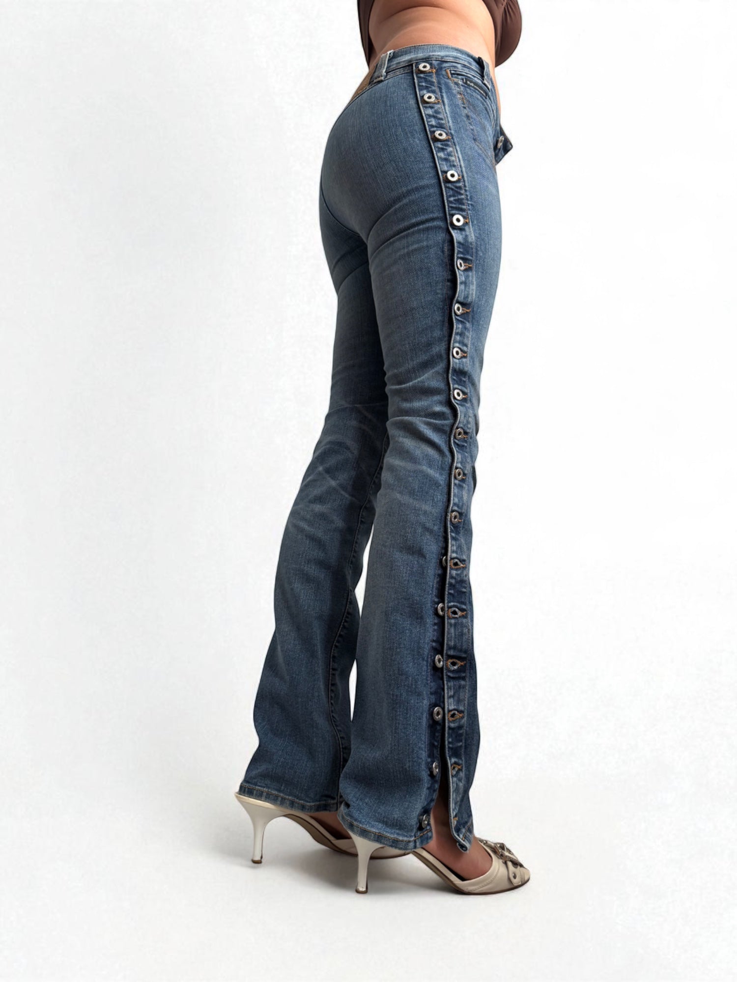 Blue denim low rise flared pants (XS)