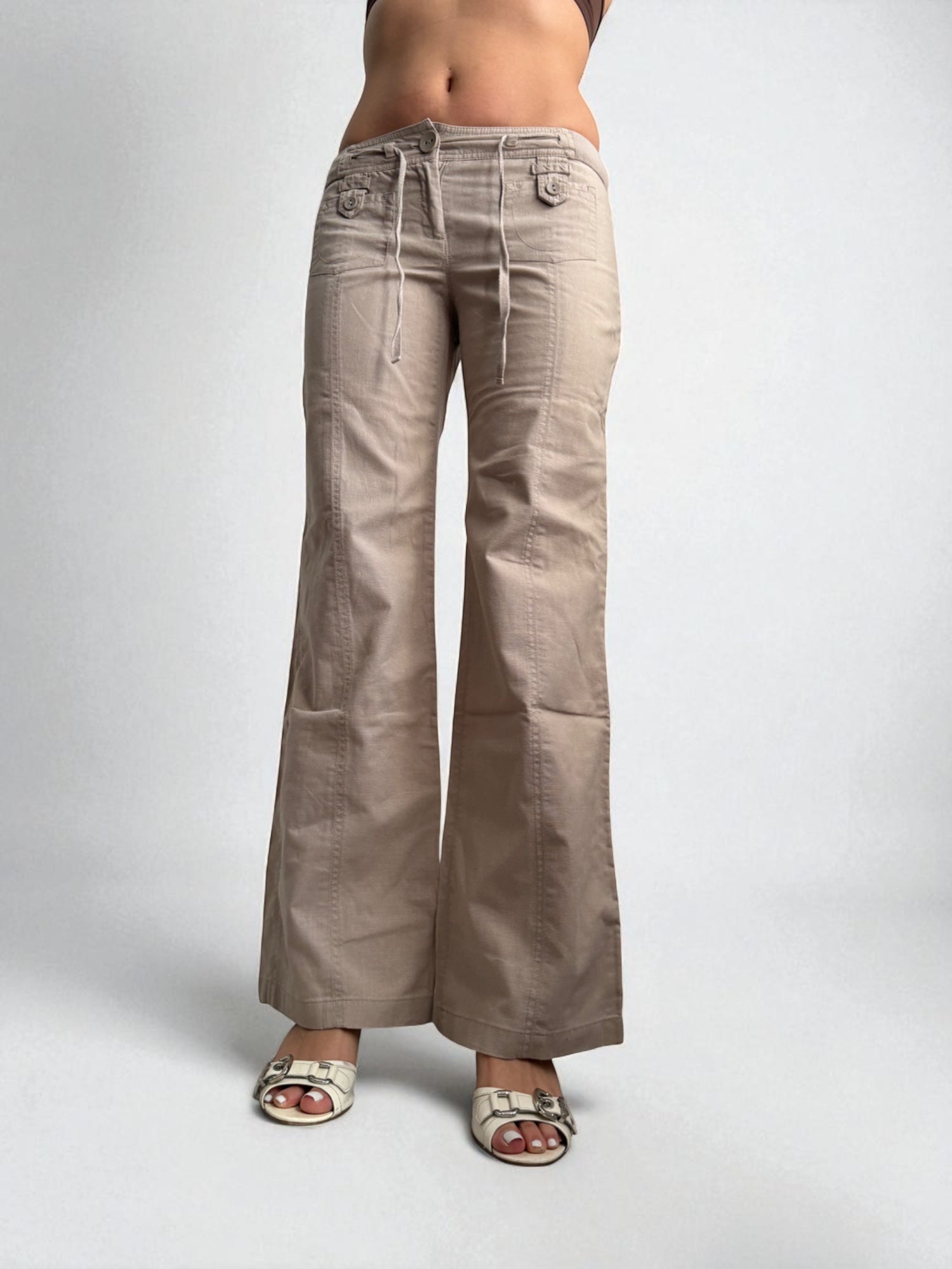 Beige linen baggy low rise pants (S/M)