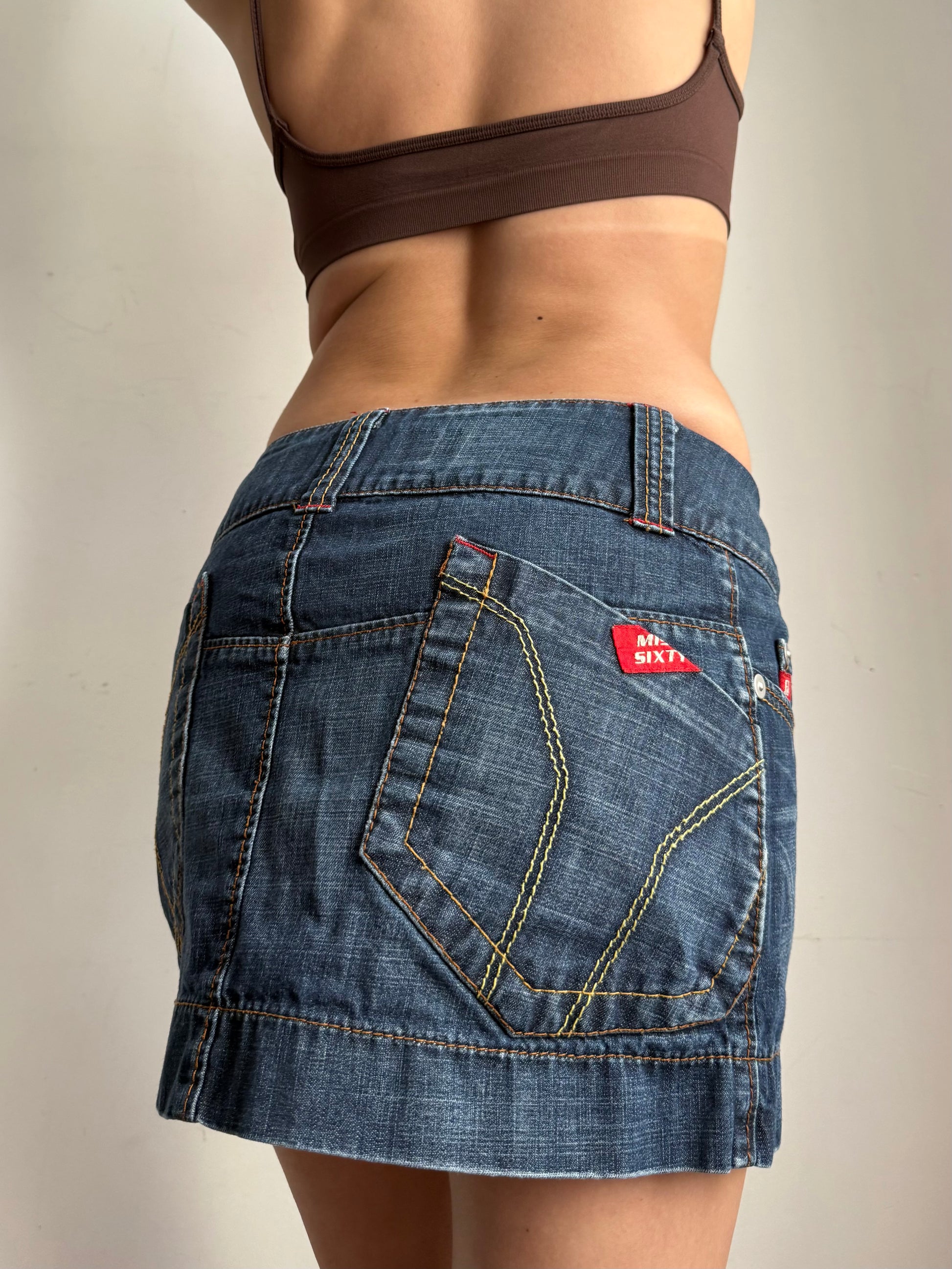 Navy denim low rise mini skirt (S)