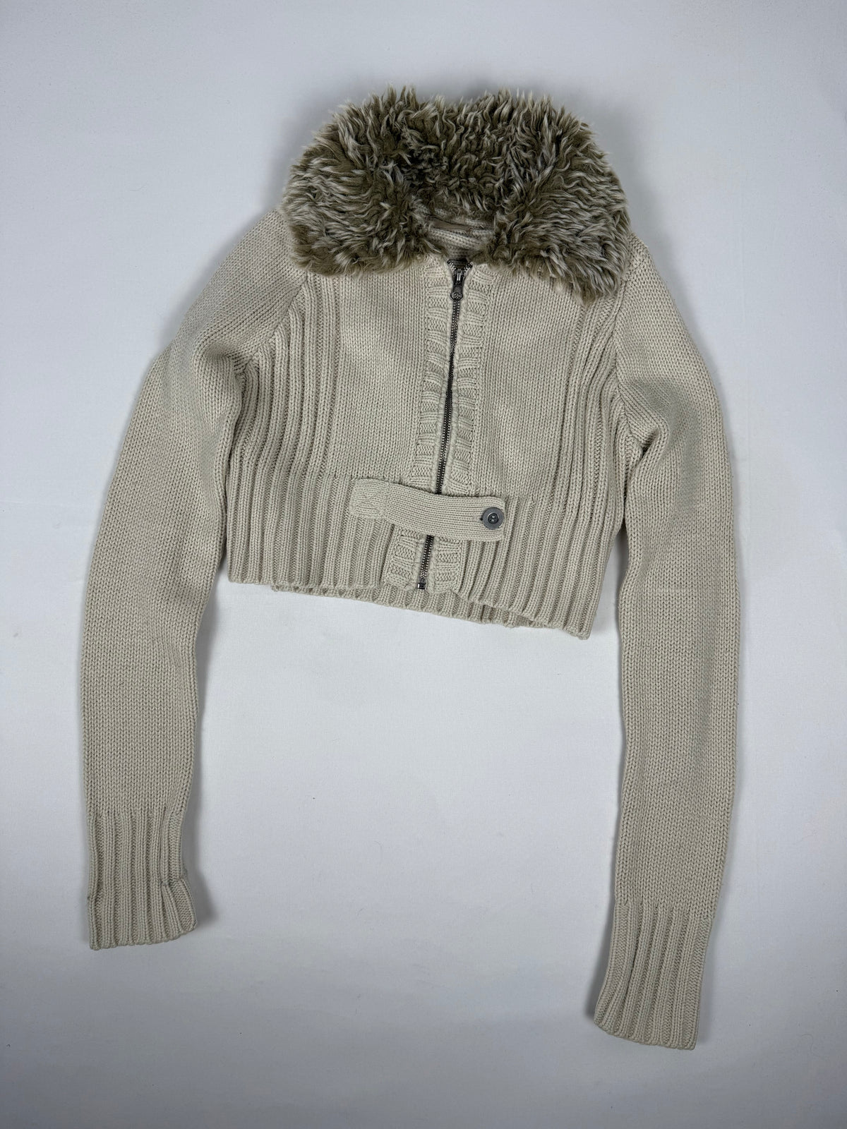 Beige faux fur neck knit jumper (M)