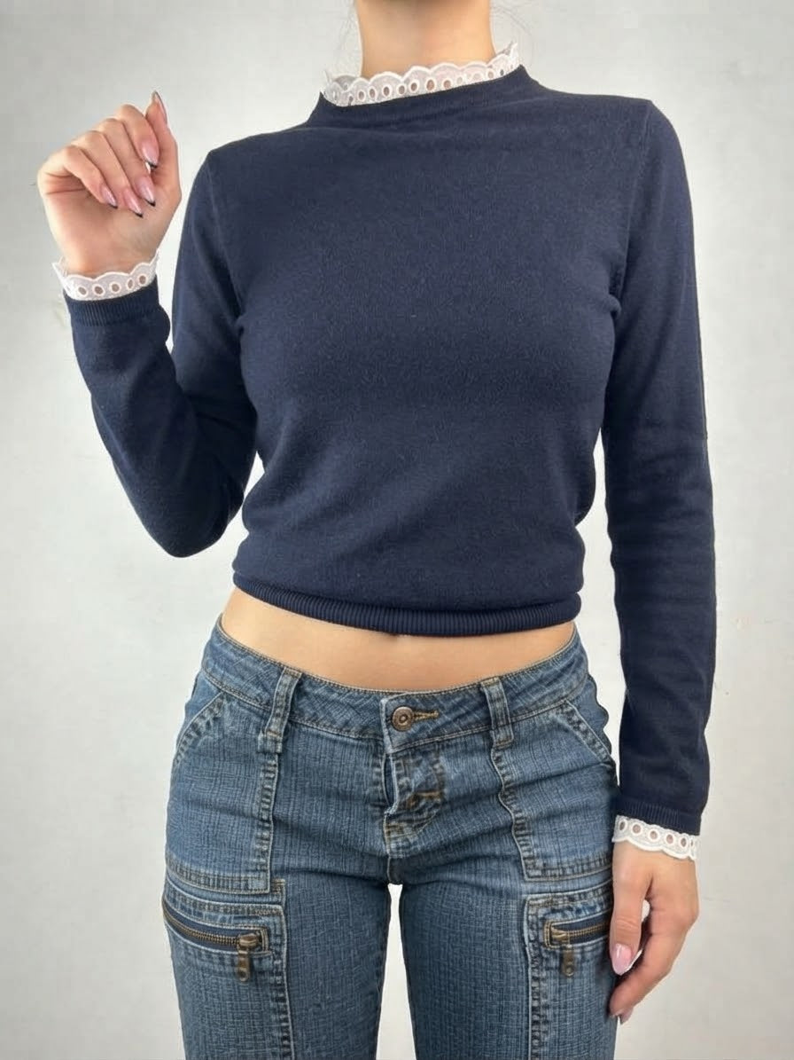 Navy lace neck coquette jumper (M)