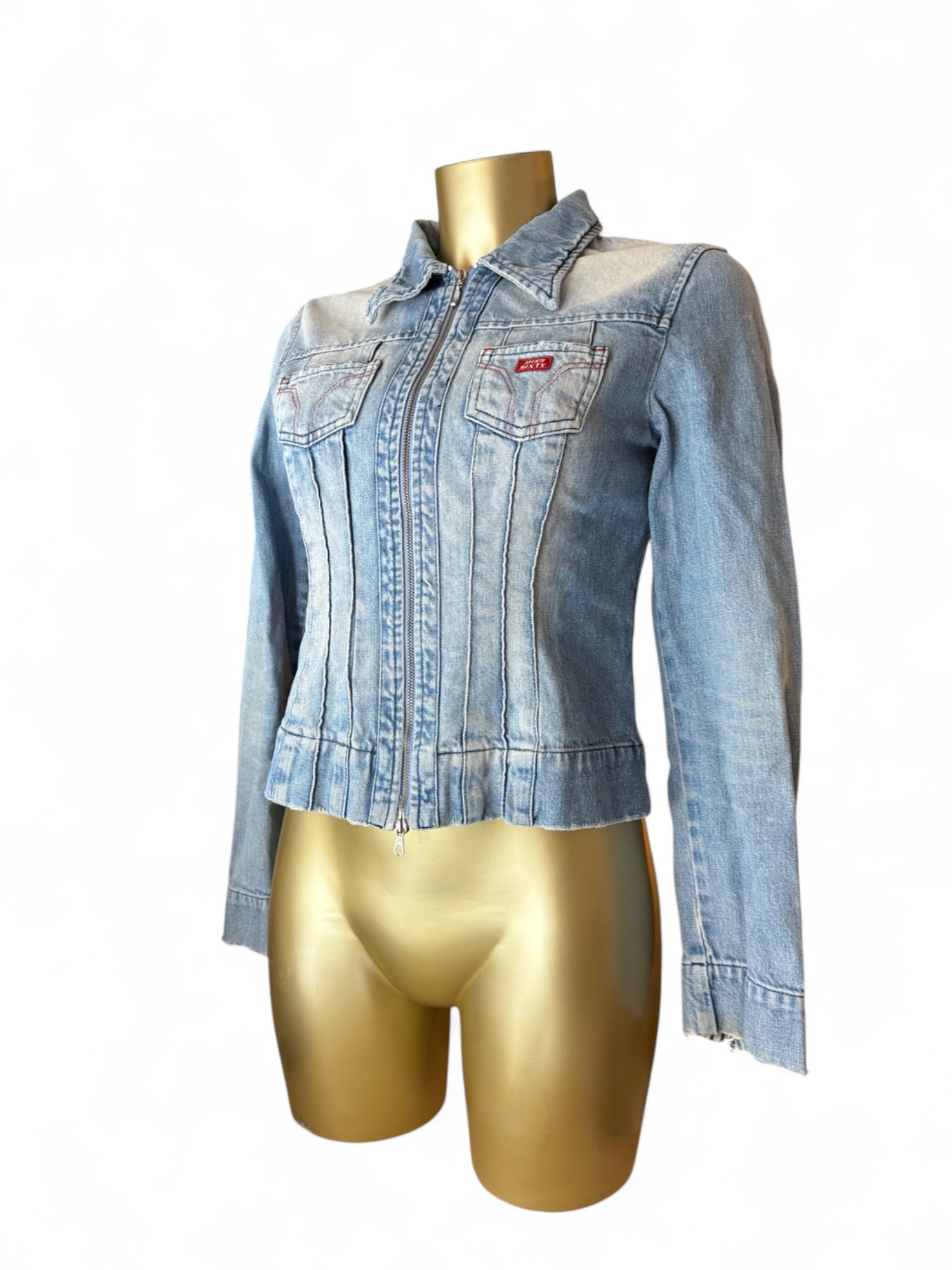 Blue denim zip up biker jacket (S/M)