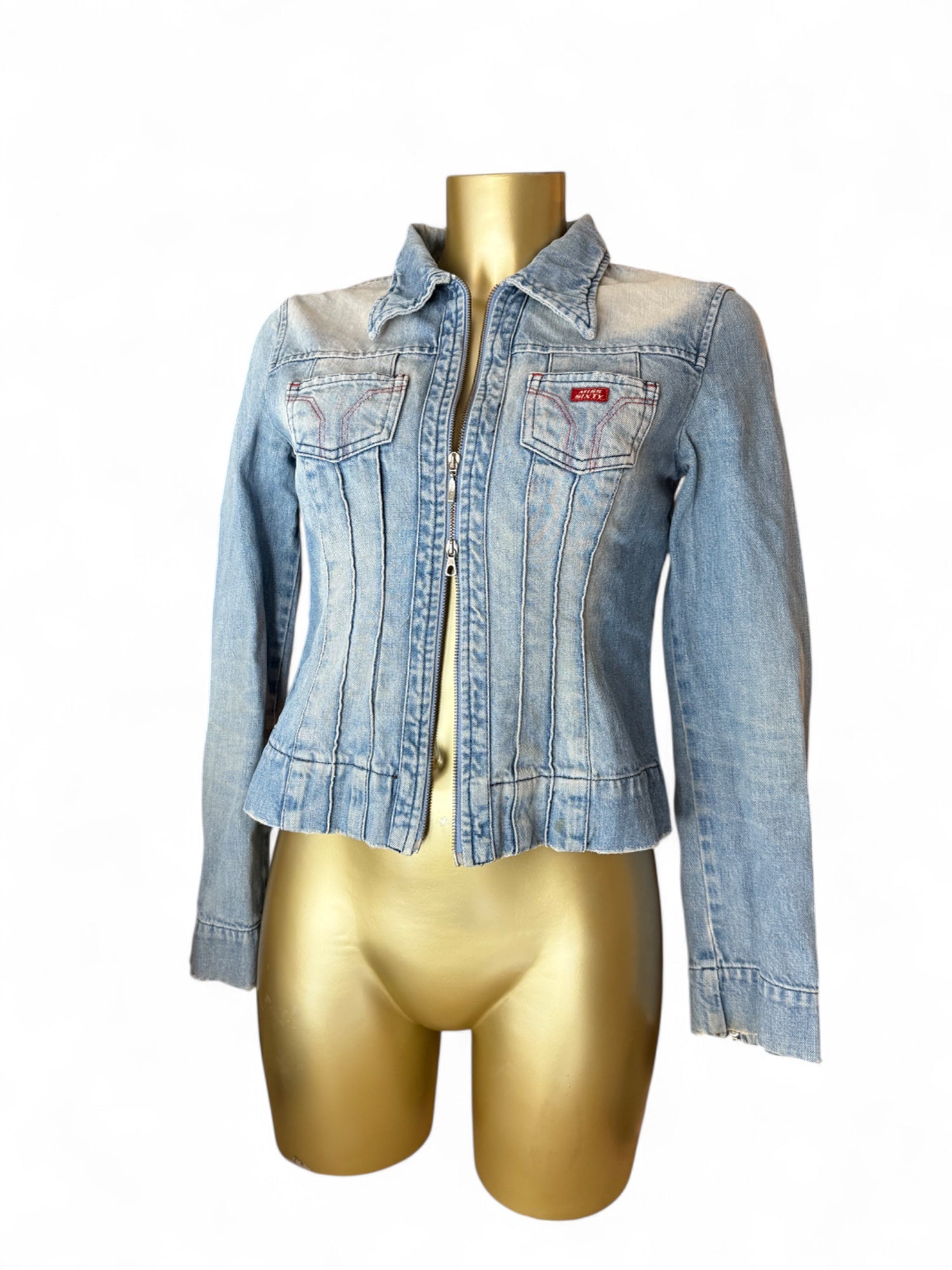Blue denim zip up biker jacket (S/M)