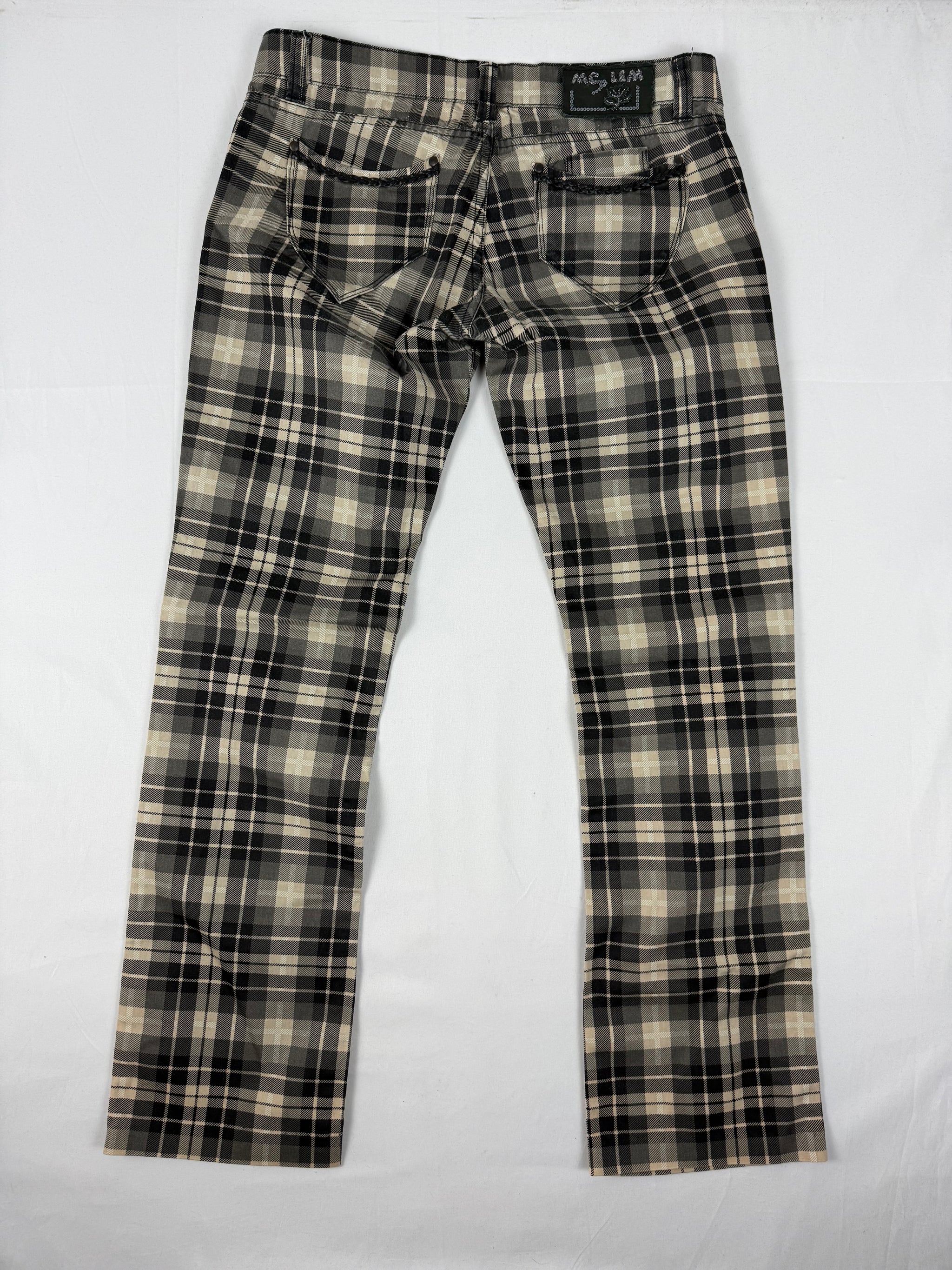 Black check print low waist straight legs denim pants (L)