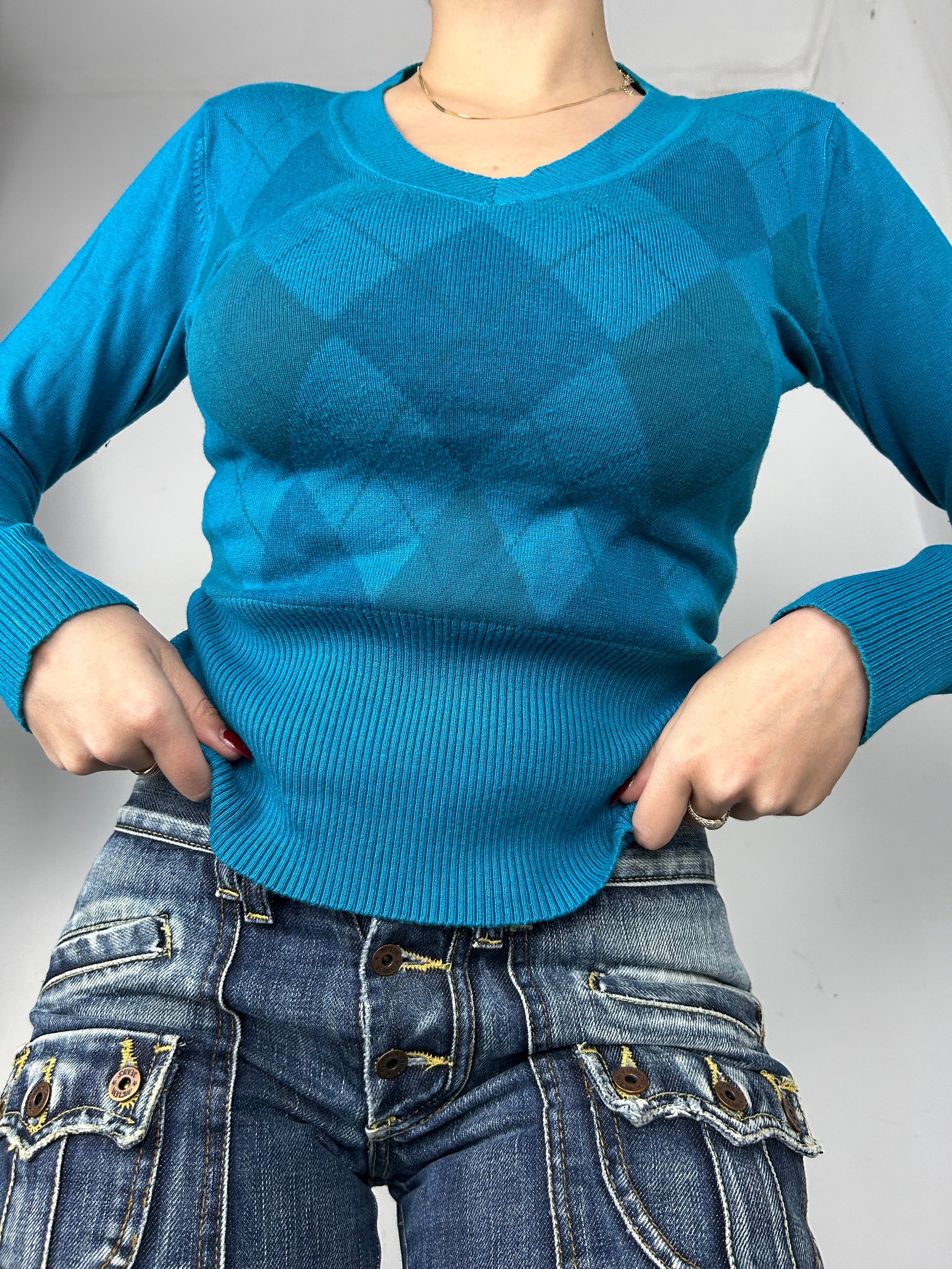 Blue elastic waist V neck jumper (S/M)