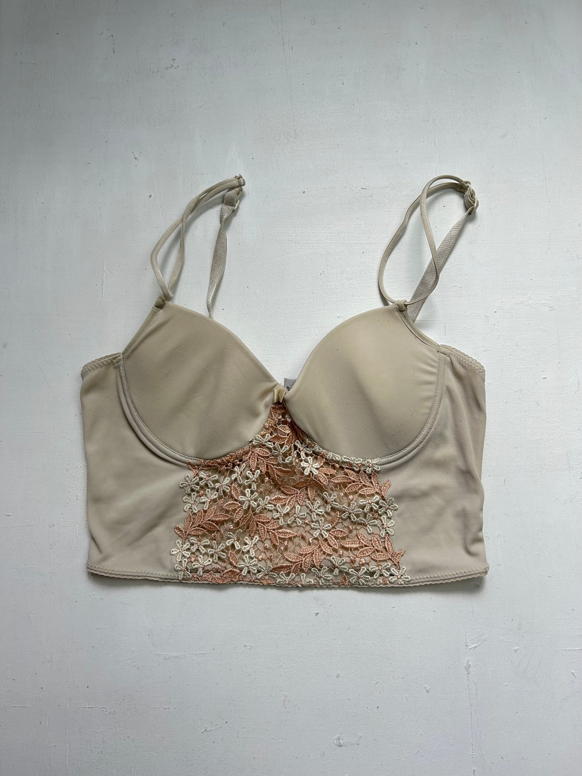 Beige lace embroidered padded crop top bra (S)