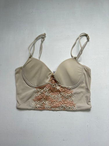 Beige lace embroidered padded crop top bra (S)