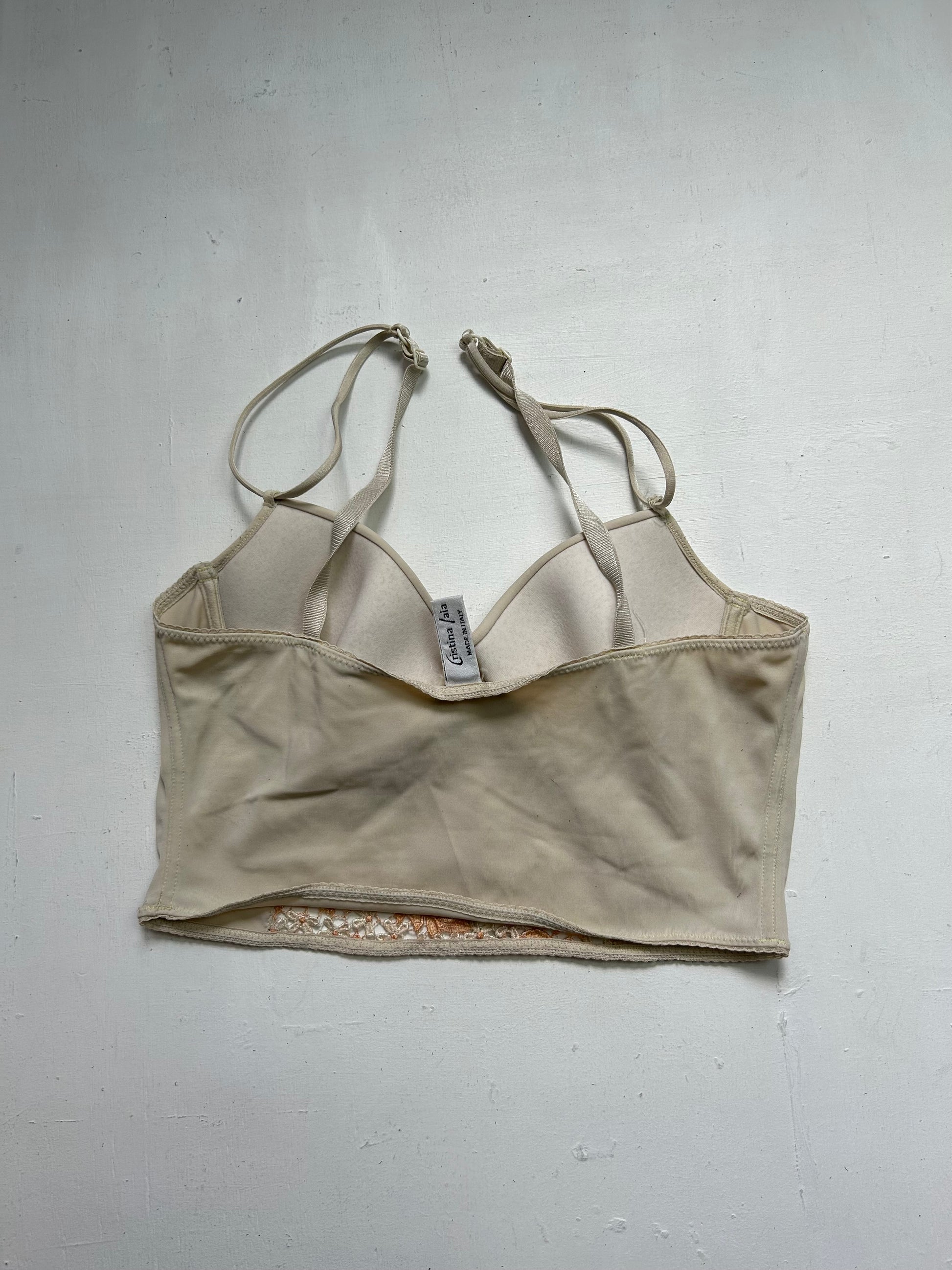 Beige lace embroidered padded crop top bra (S)