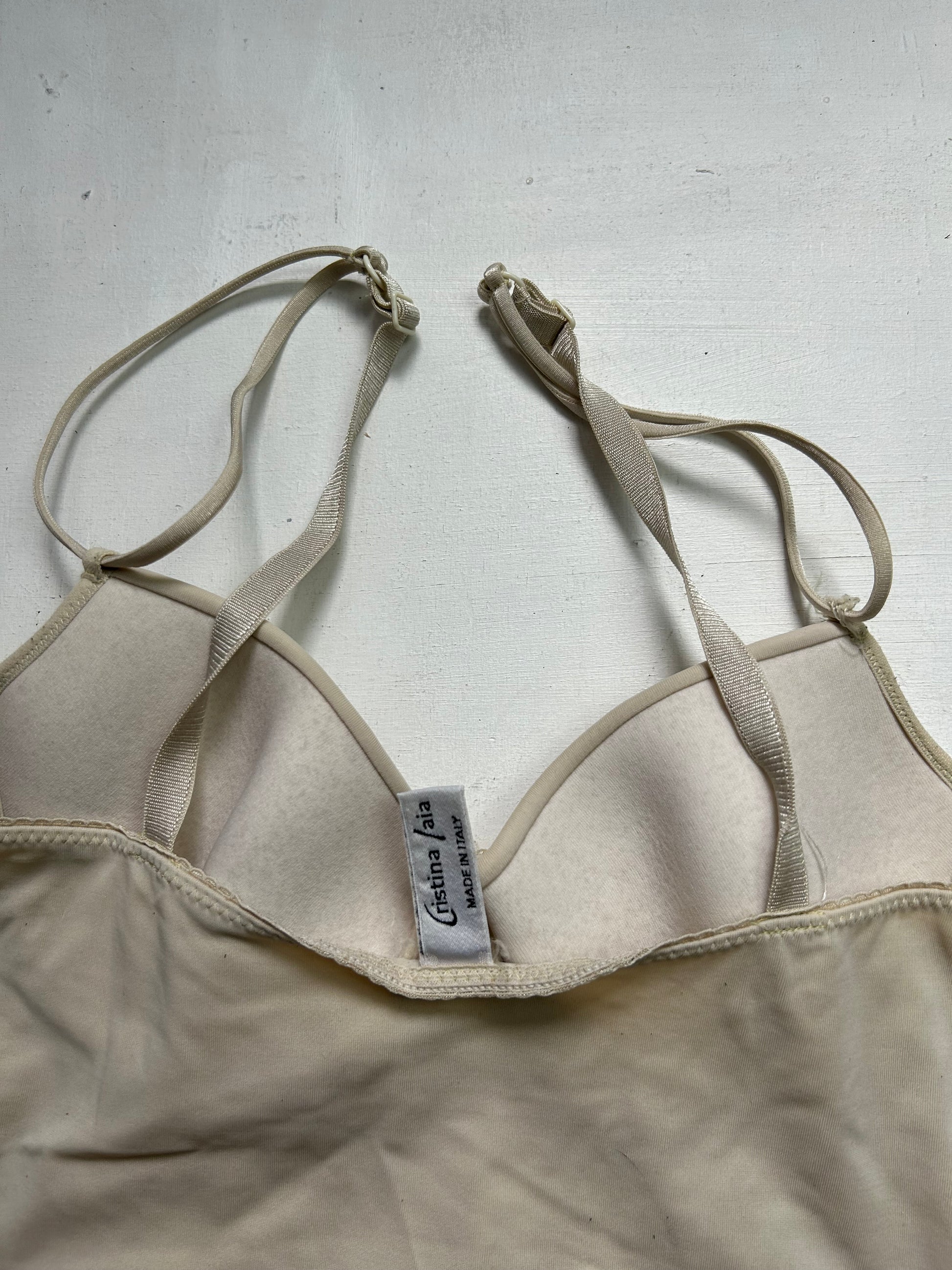 Beige lace embroidered padded crop top bra (S)