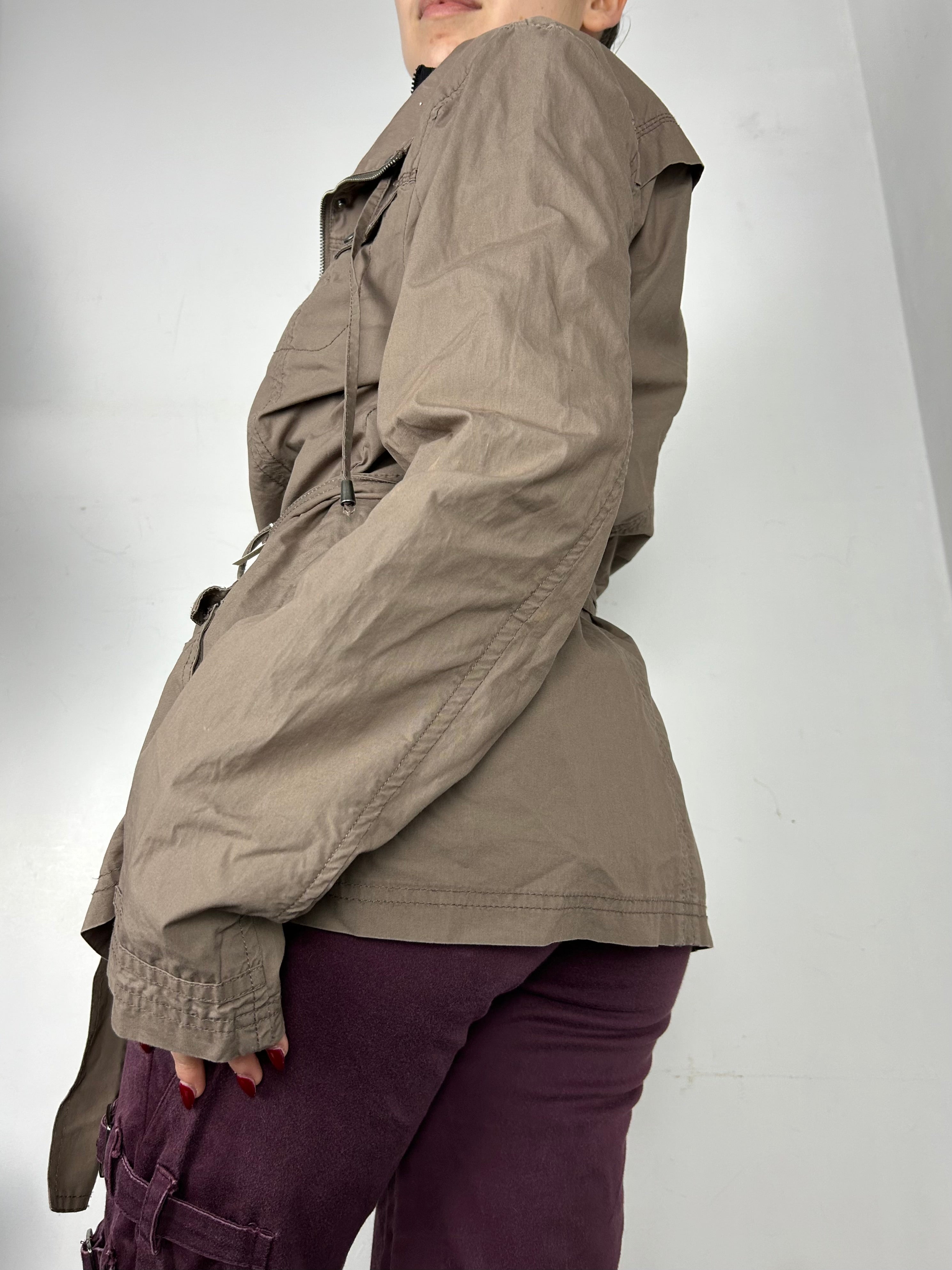 Brown cotton zip up trench jacket with belt (L)