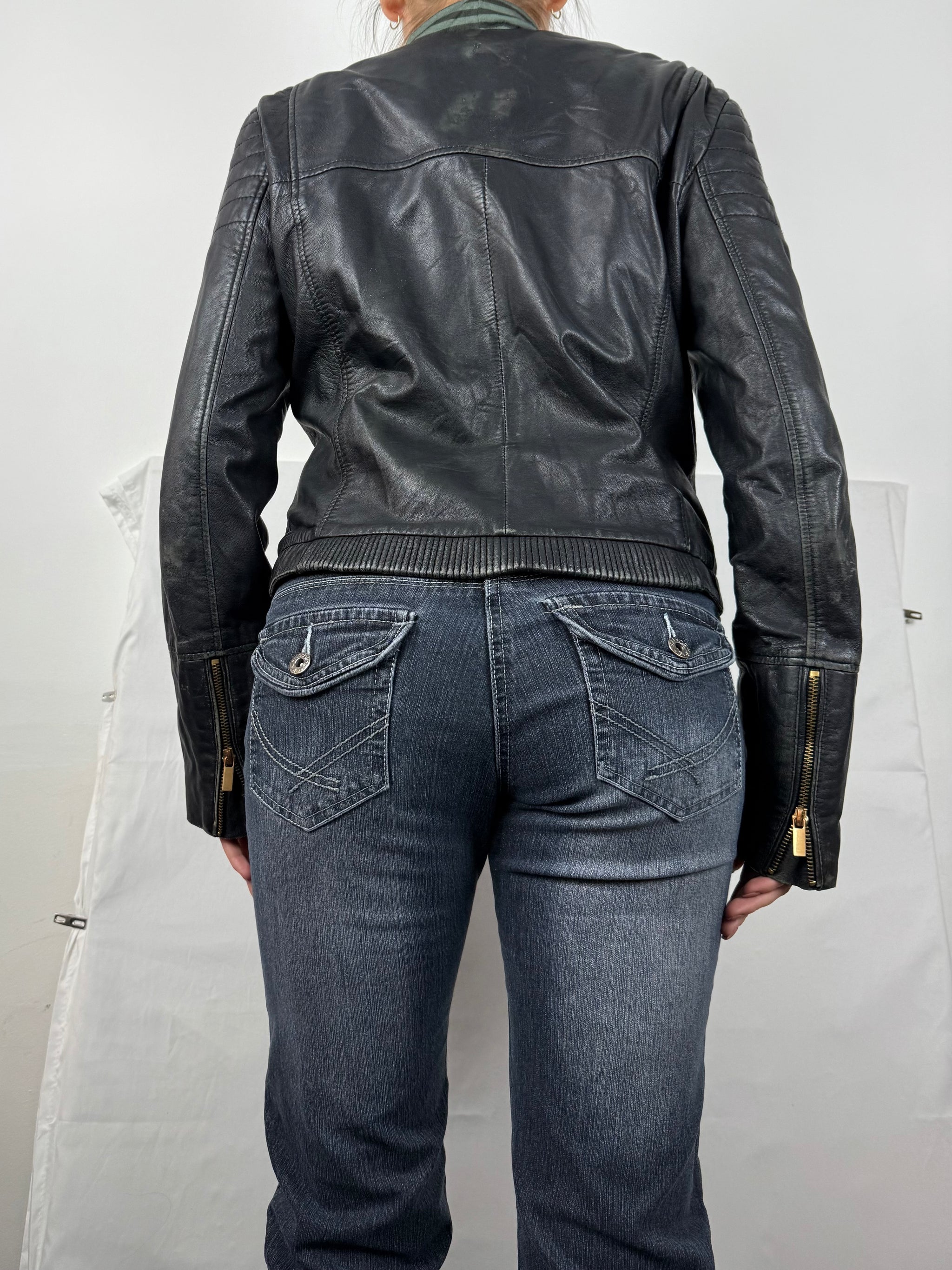 Black real leather zip up biker jacket (L)
