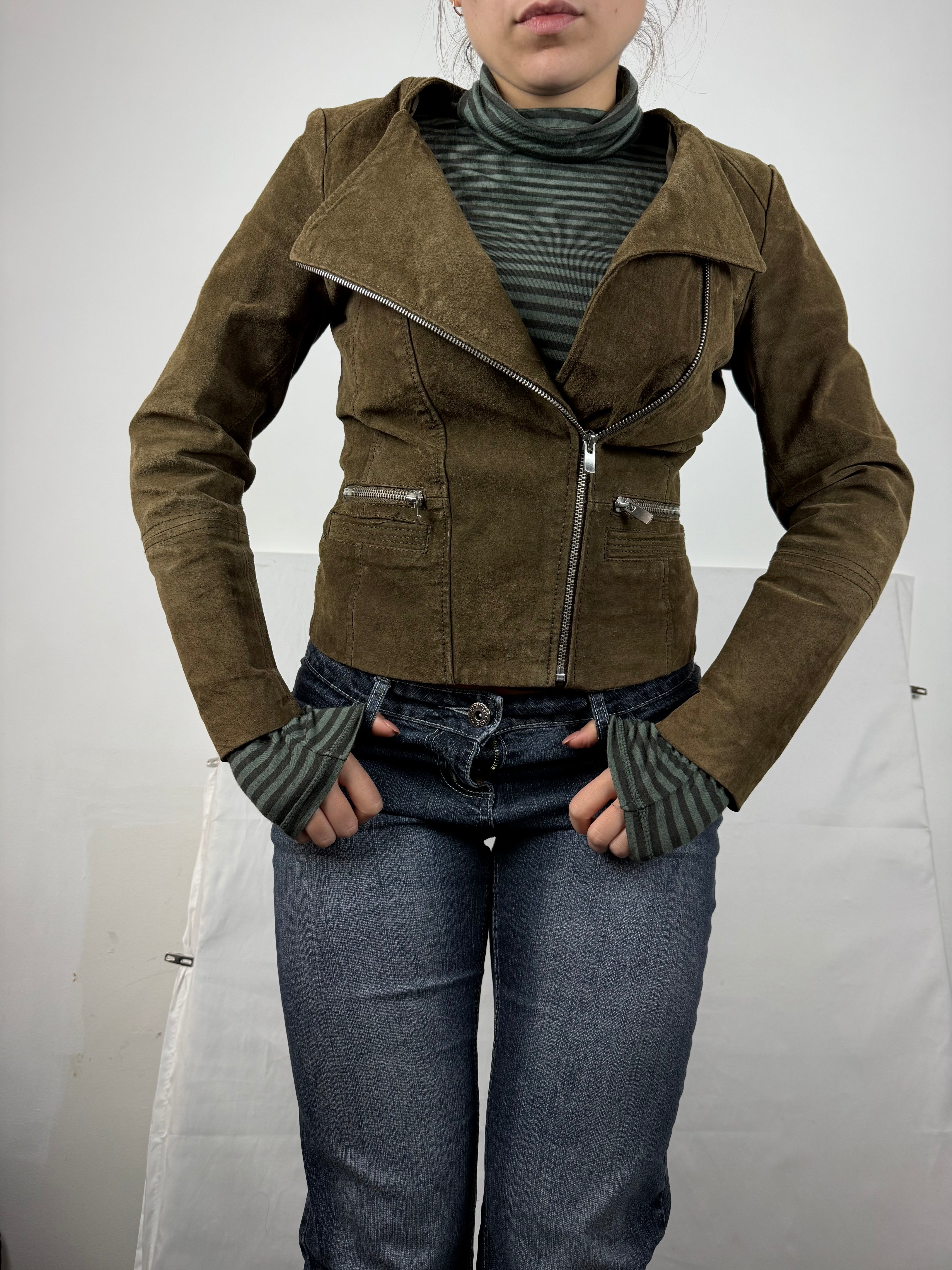 Khaki tight fit suede real leather zip up biker jacket (XS)