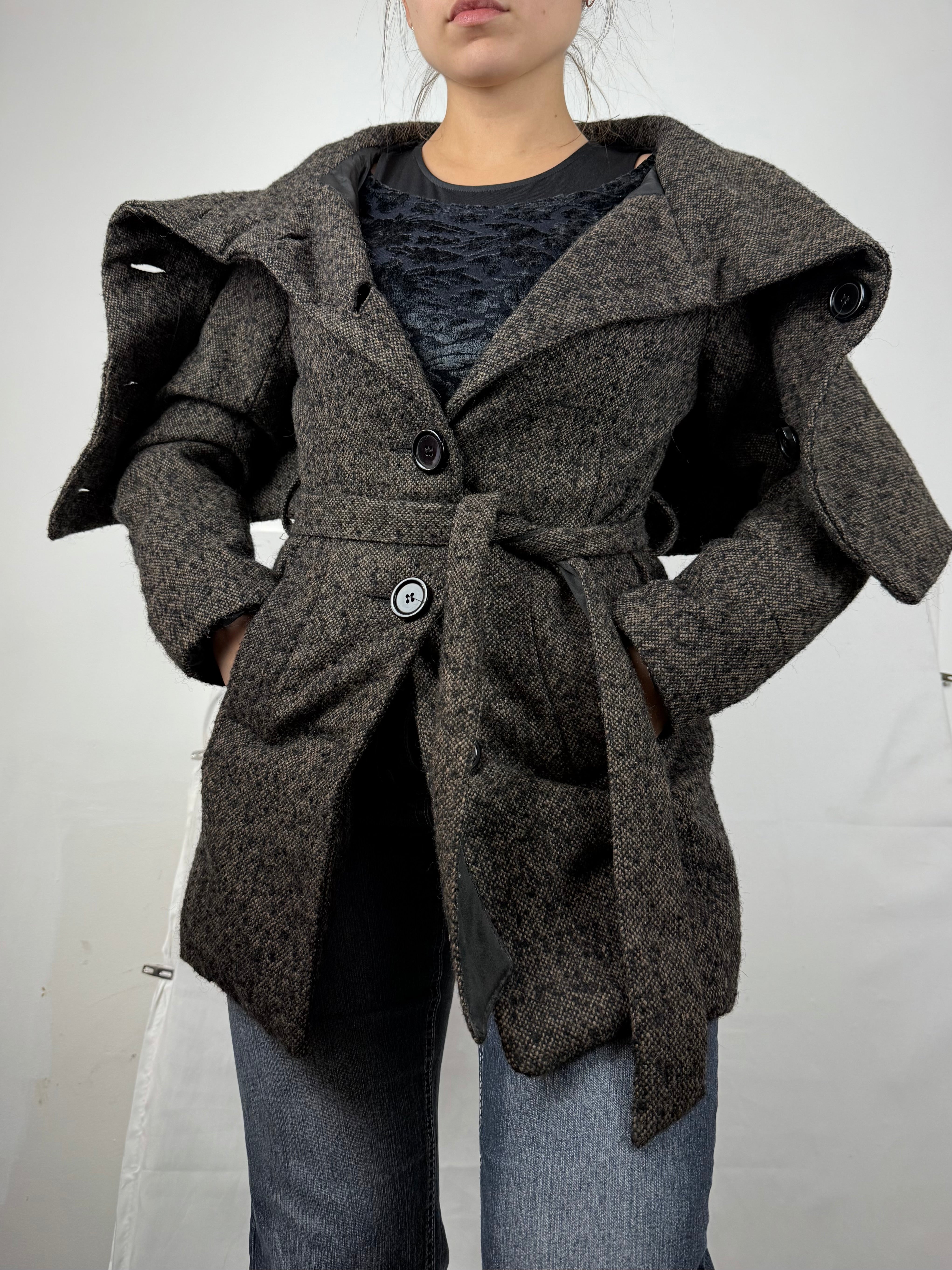 Beige oversized neck wool trench coat (S)