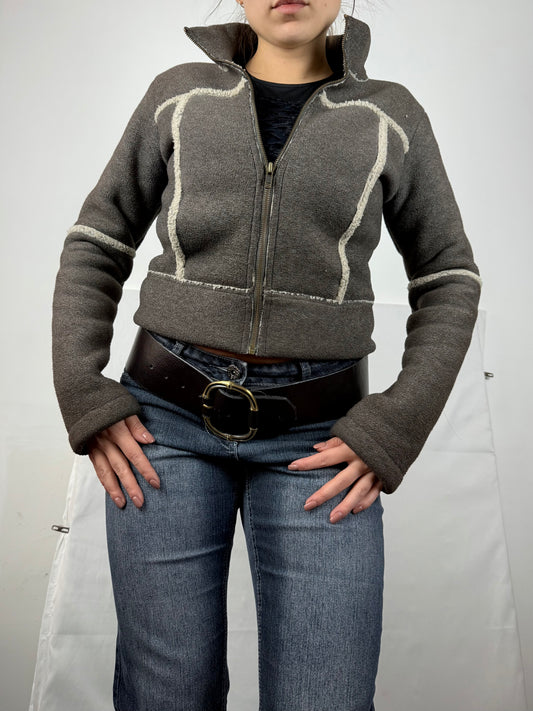 Grey fleece zip up biker jacket (S/M)