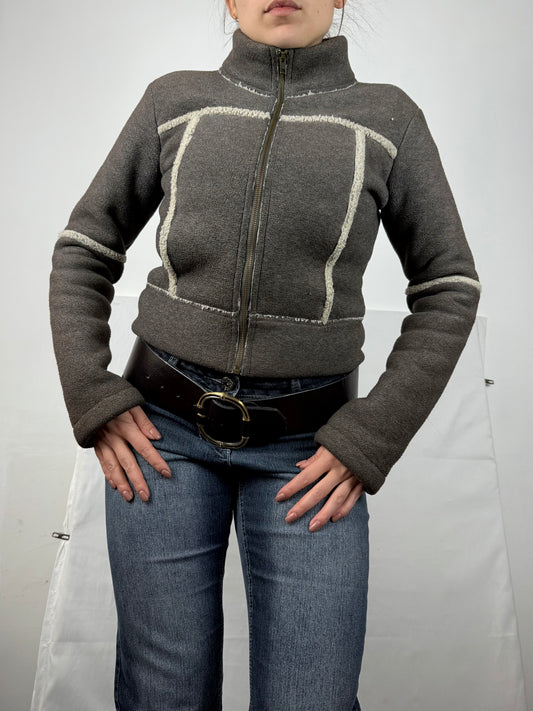 Grey fleece zip up biker jacket (S/M)