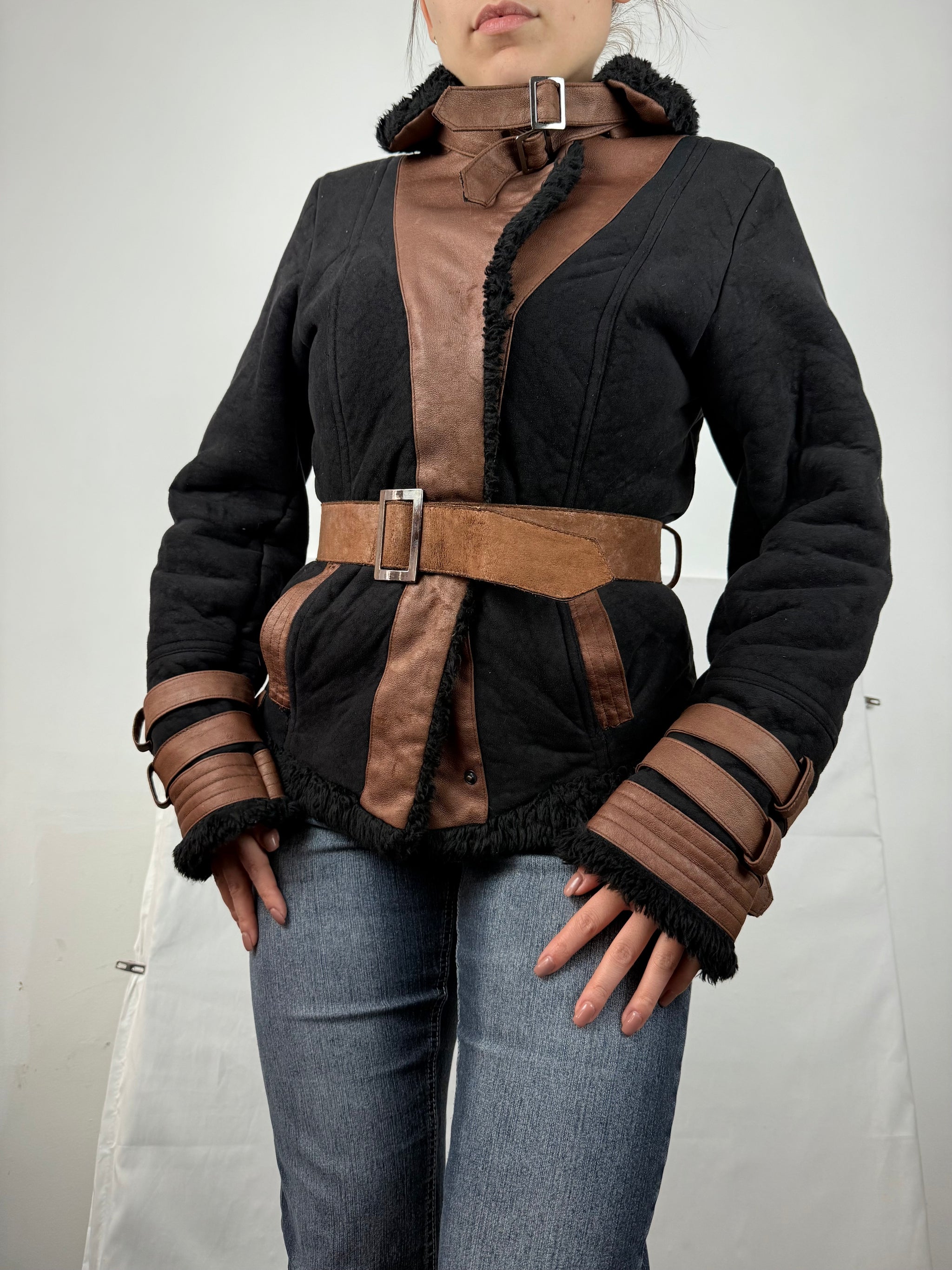 Black suede tight fit biker coat (M)